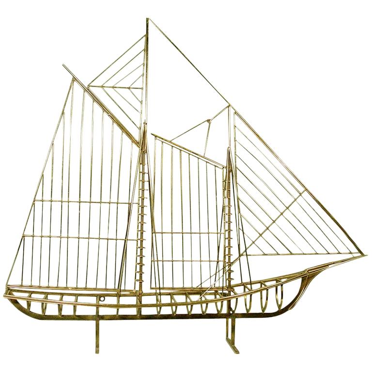 Curtis Jere "Skeleton" Sailboat Wall Sculpture in Brass