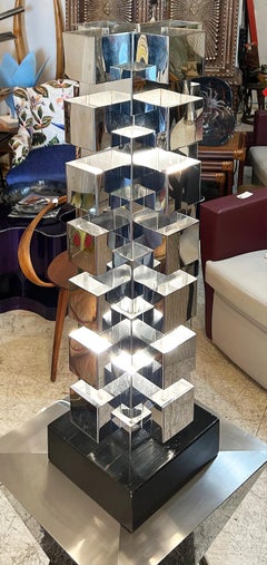 Curtis Jere Stacked Chrome Geometric Skyscraper Lampe, signiert, Arbeits Zustand
