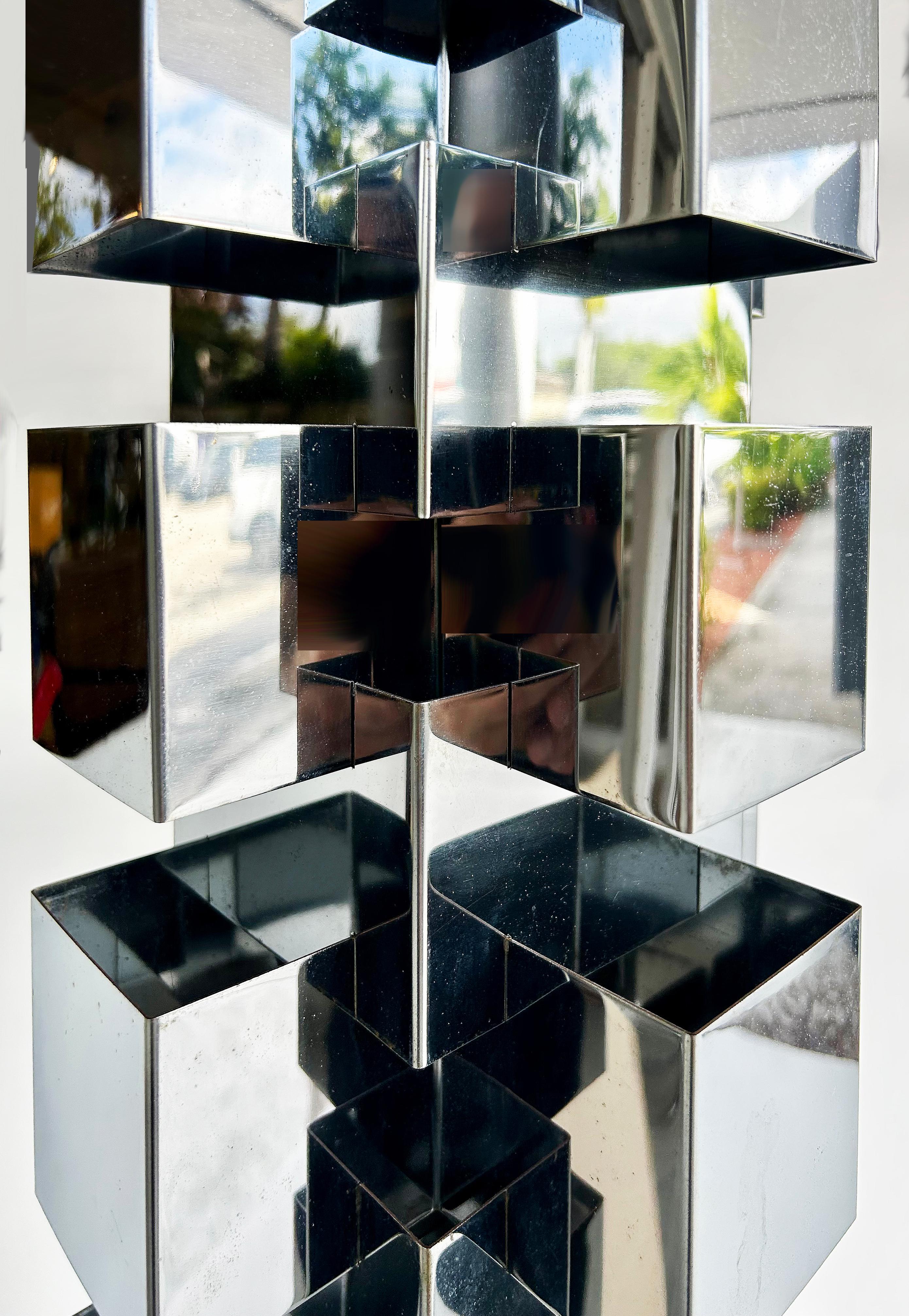 Curtis Jere Stacked Chrome Geometric Skyscraper Lamp, Signed, Working Condition In Good Condition For Sale In Miami, FL