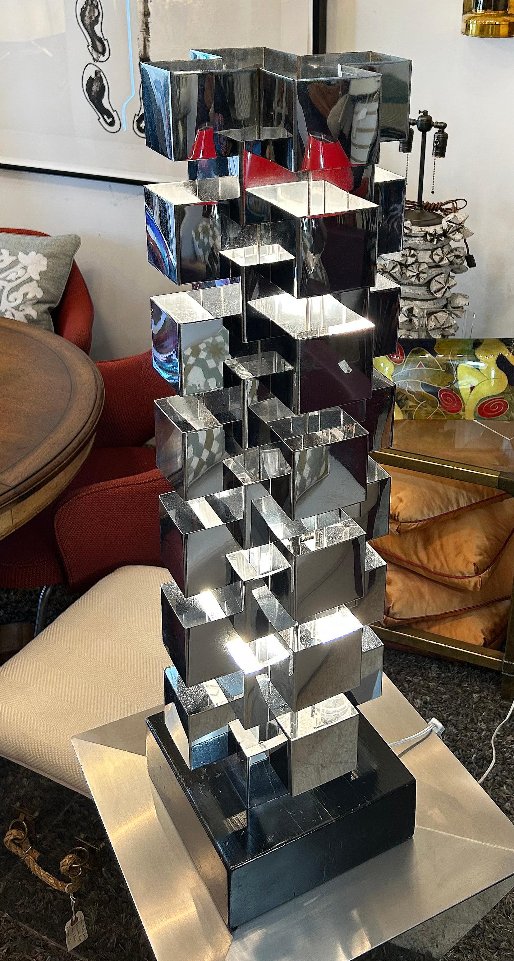 Curtis Jere Stacked Chrome Geometric Skyscraper Lamp, Signed, Working Condition For Sale 1