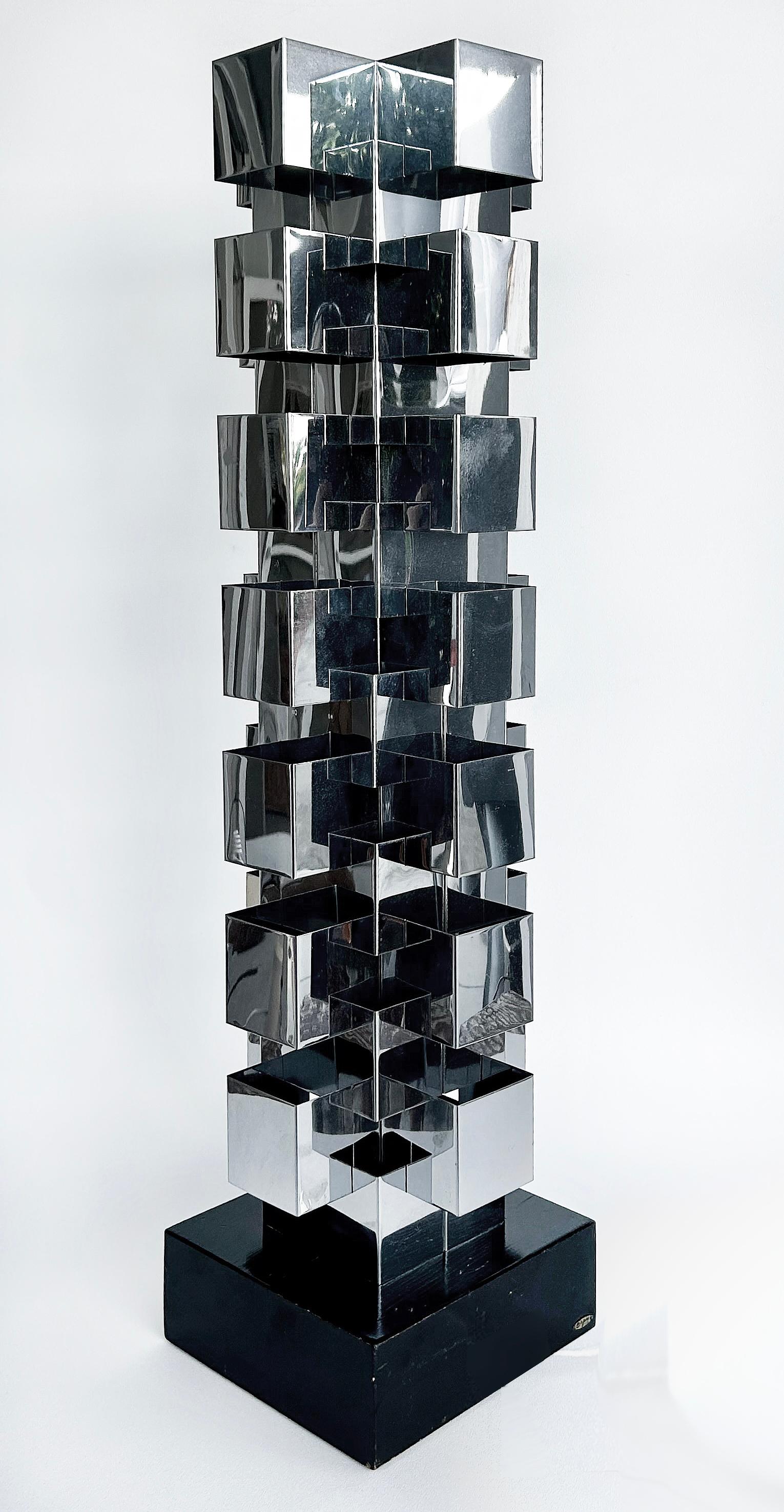 Curtis Jere Stacked Chrome Geometric Skyscraper Lamp, Signed, Working Condition For Sale 2