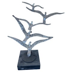 Curtis Jere Style Aluminum 19" Five Birds in Flight Sculpture on Granite Base