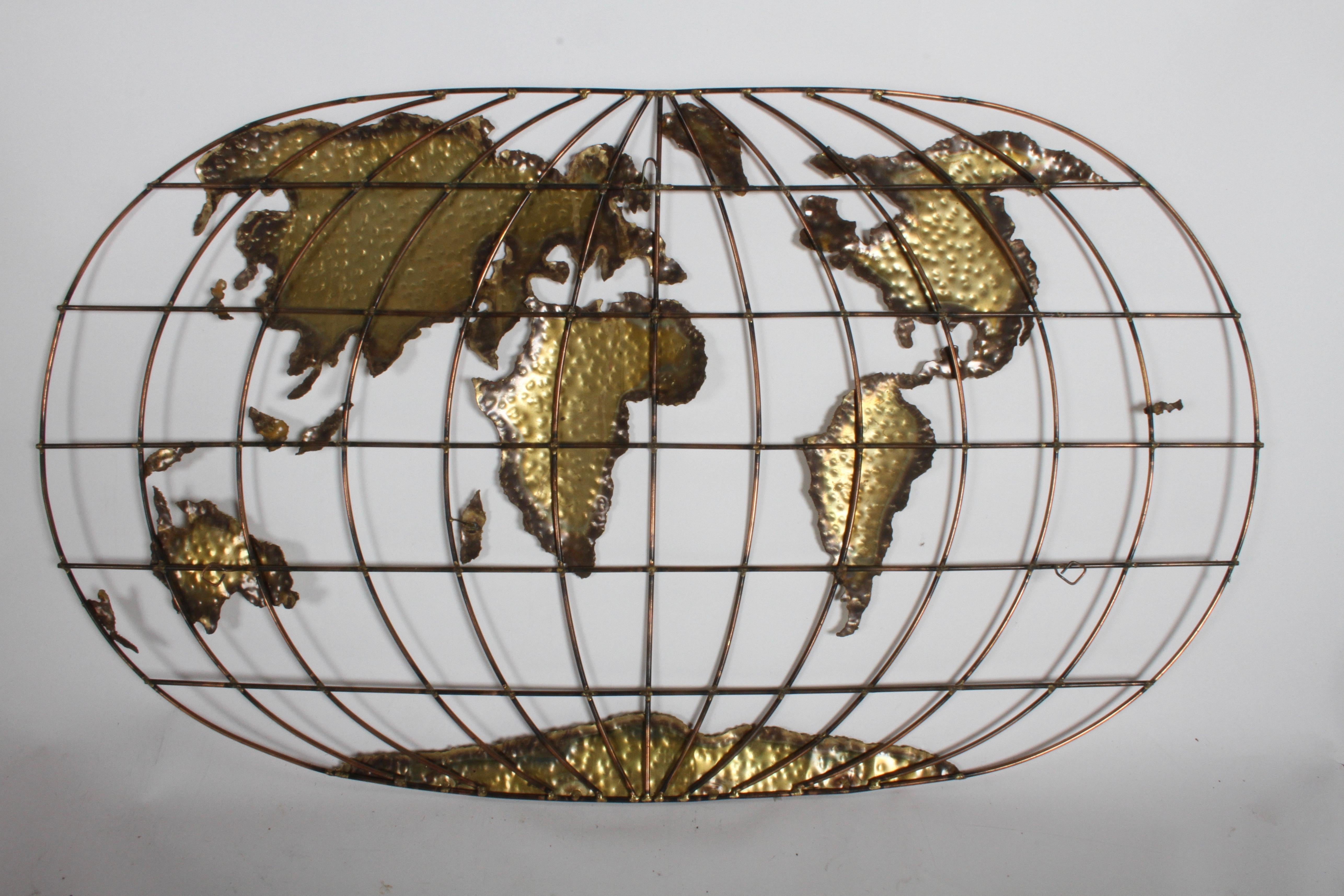 Curtis Jere Style Brass & Copper World Globe Map, Signed Faye 2
