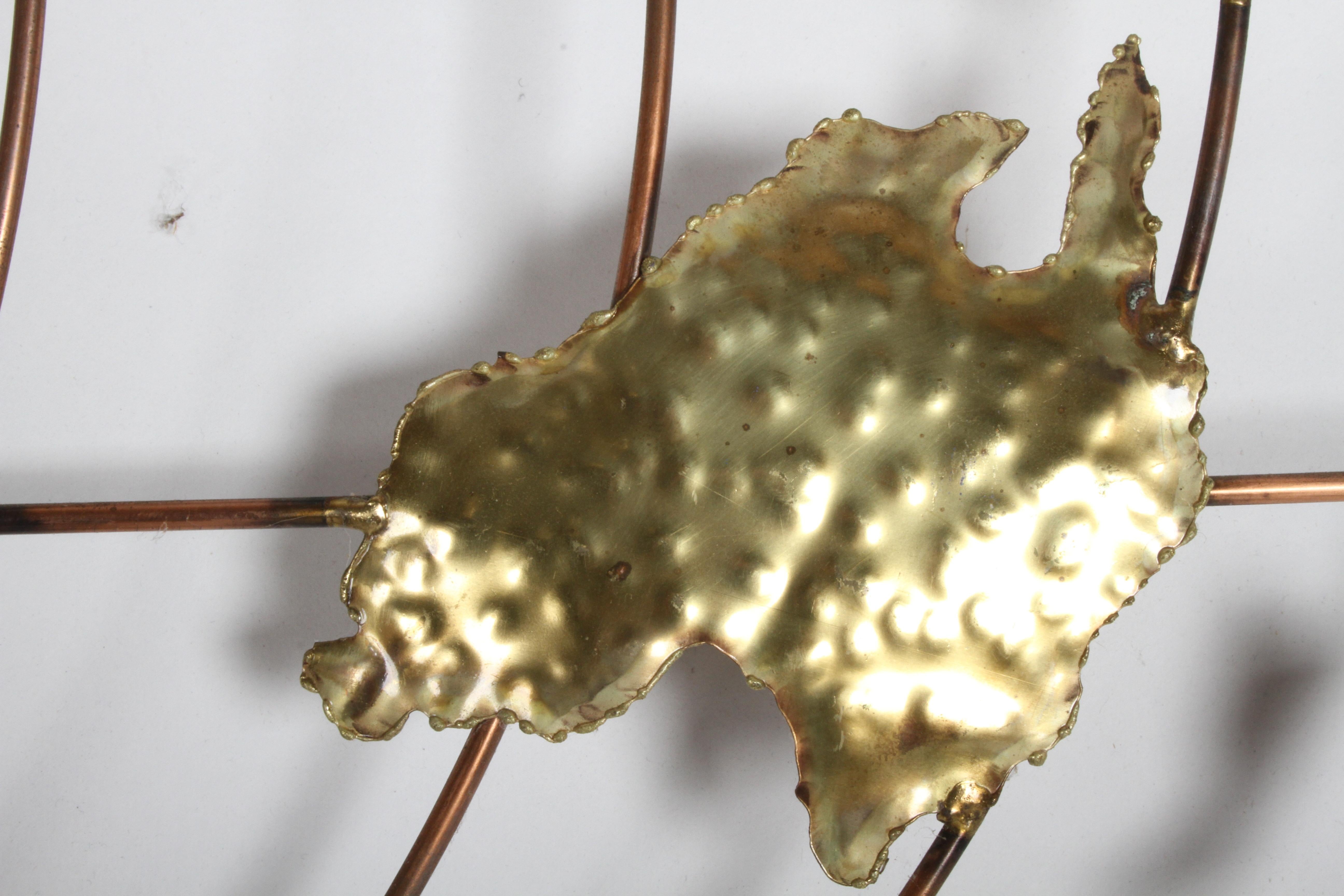 Curtis Jere Style Brass & Copper World Globe Map, Signed Faye In Good Condition In St. Louis, MO
