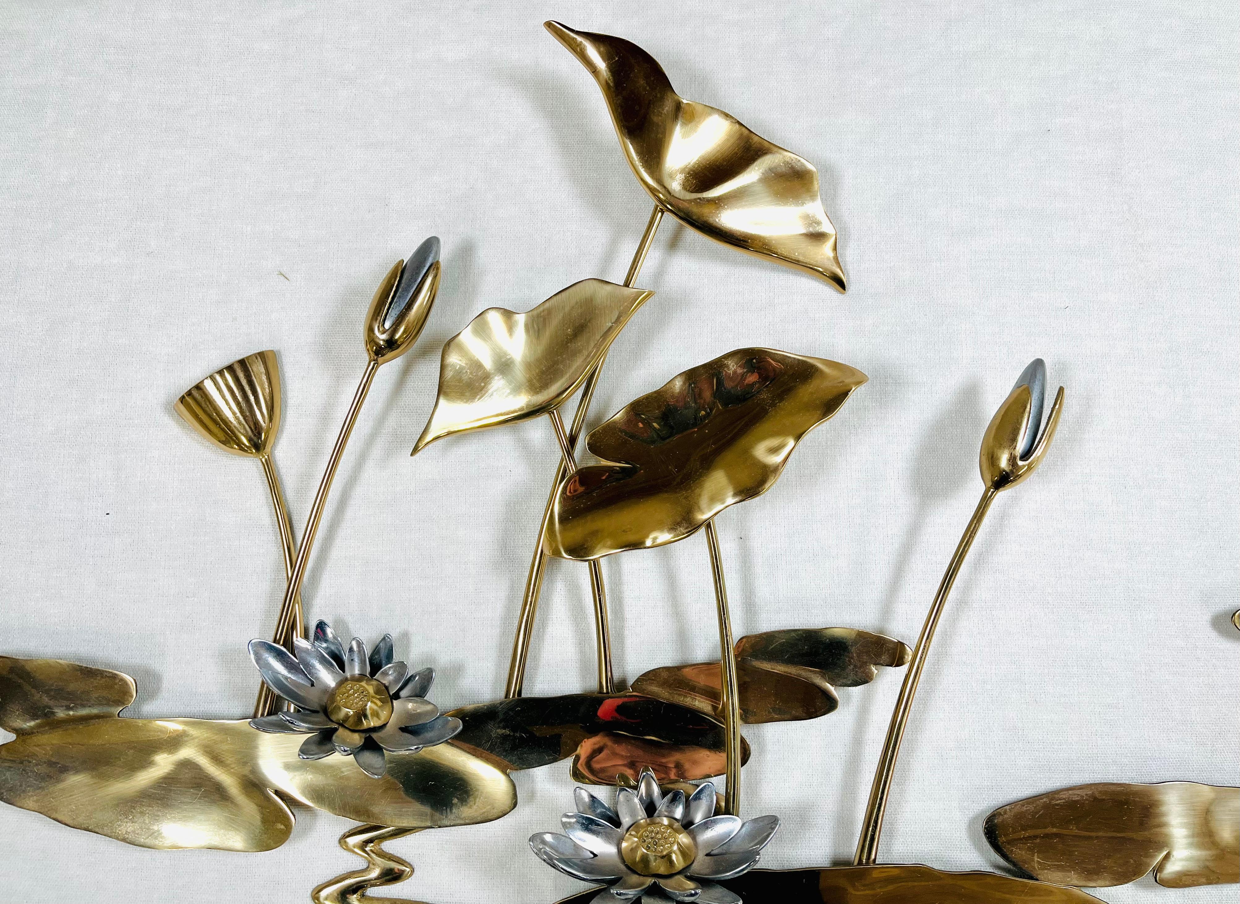 Molded Curtis Jere Style Brass Water Lilies, Cattail, & Craines Wall Sculpture by Bijan For Sale