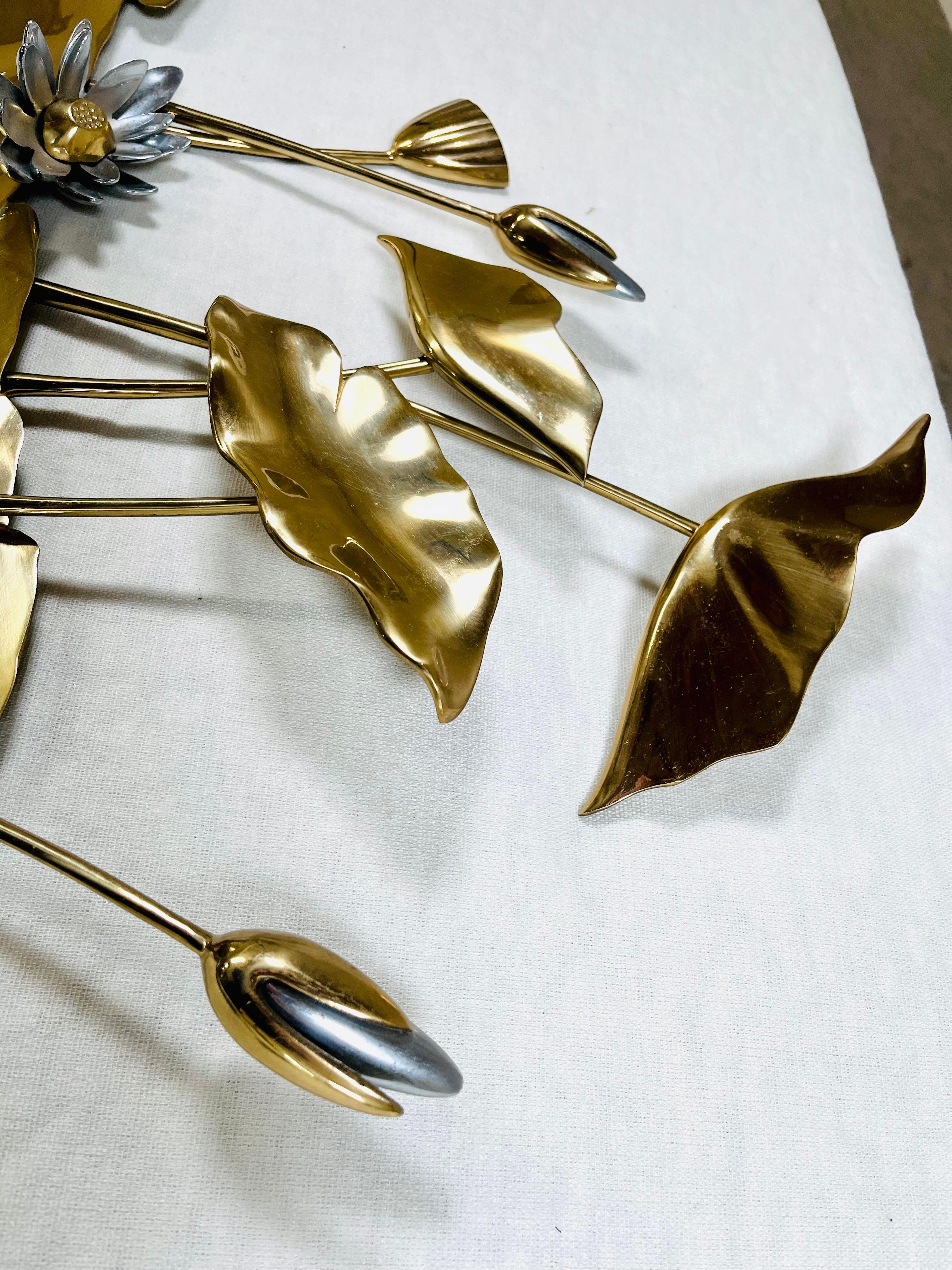 Aluminum Curtis Jere Style Brass Water Lilies, Cattail, & Craines Wall Sculpture by Bijan
