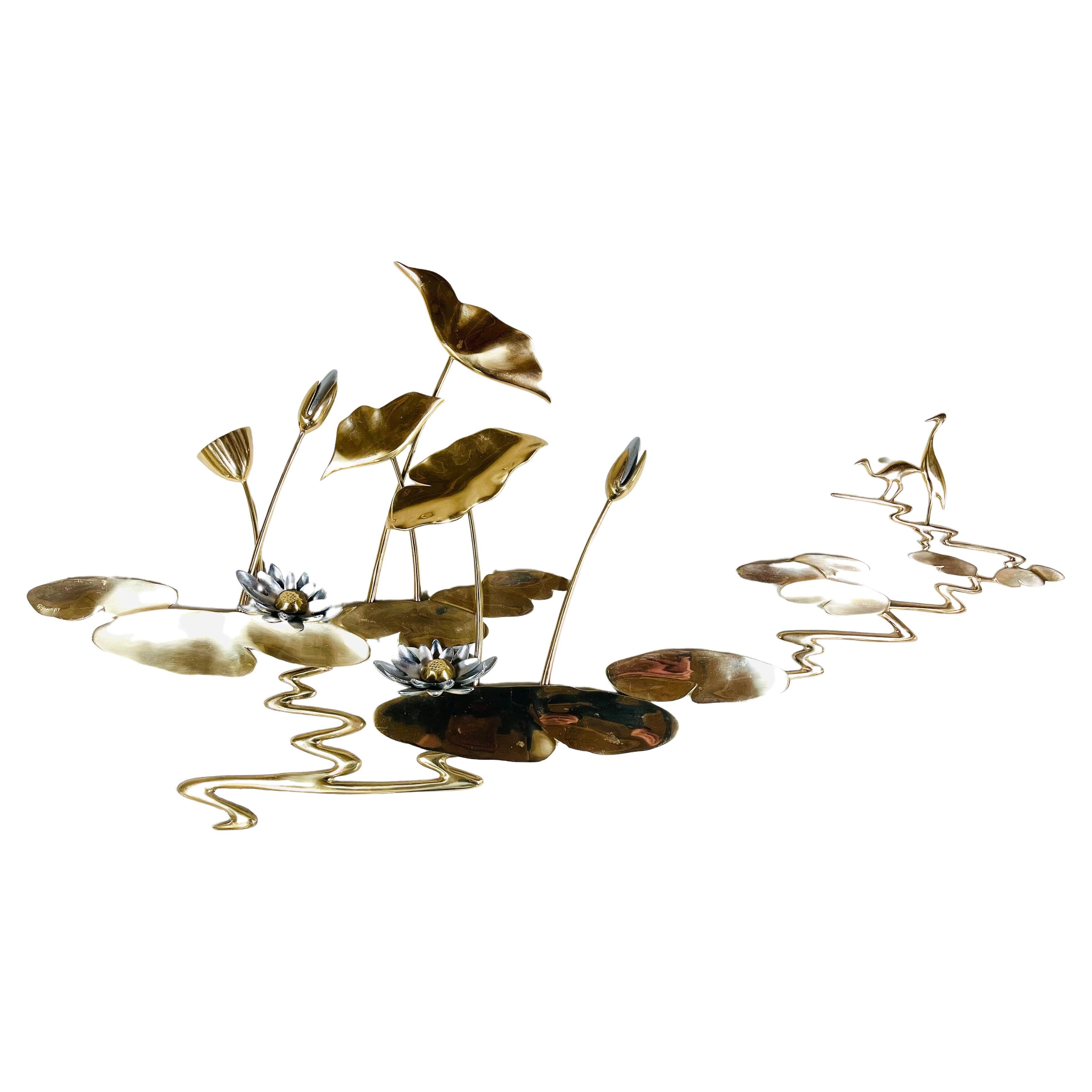 Curtis Jere Style Brass Water Lilies, Cattail, & Craines Wall Sculpture by Bijan For Sale