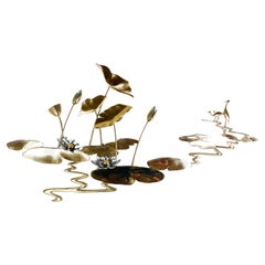 Retro Curtis Jere Style Brass Water Lilies, Cattail, & Craines Wall Sculpture by Bijan