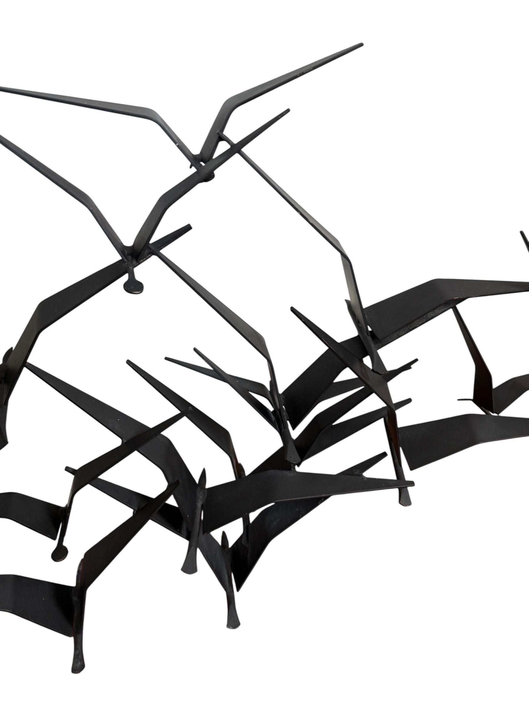 American Curtis Jere Style Brutalist Birds in Flight Black Welded Metal Sculpture MCM For Sale