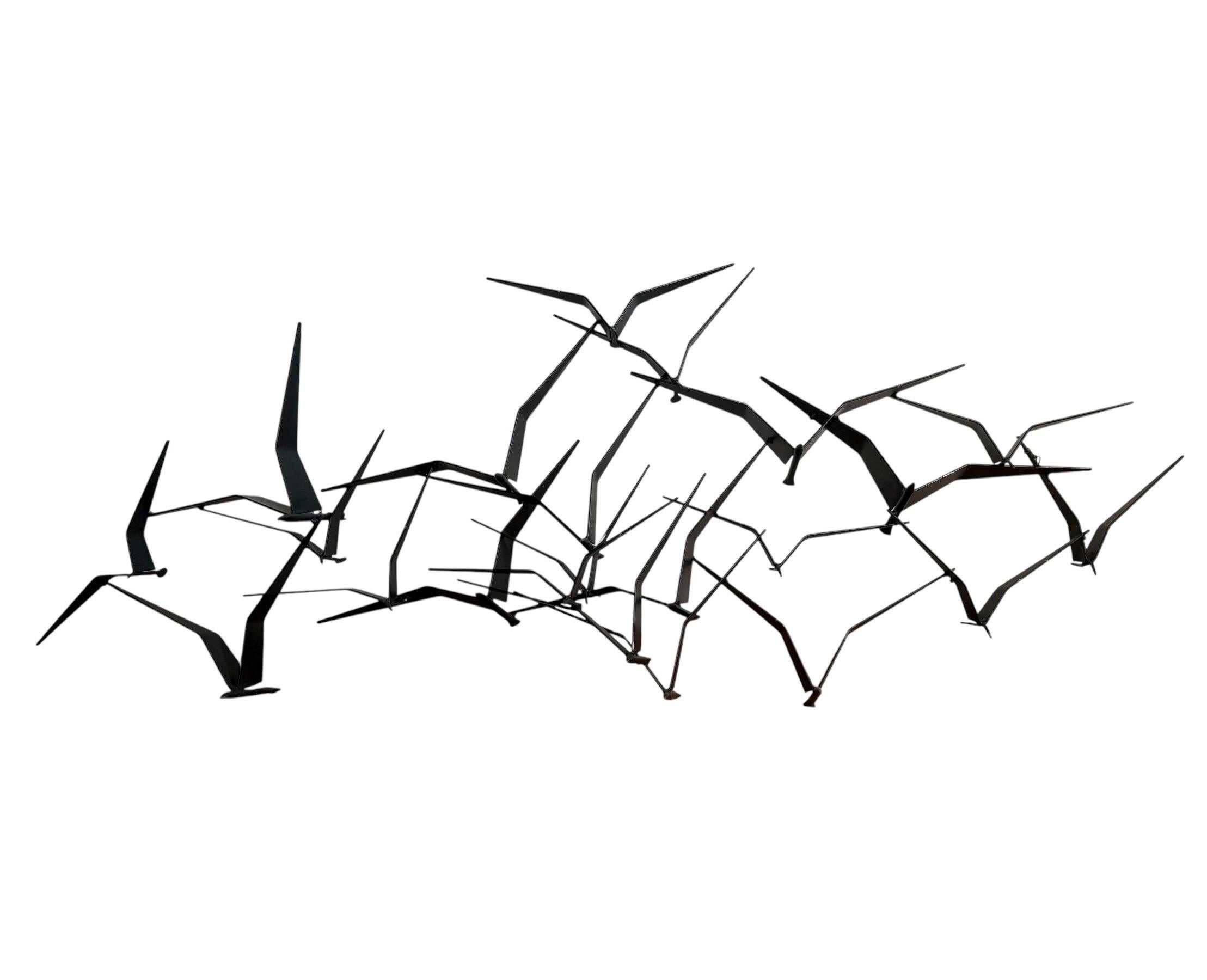 Iron Curtis Jere Style Brutalist Birds in Flight Black Welded Metal Sculpture MCM For Sale