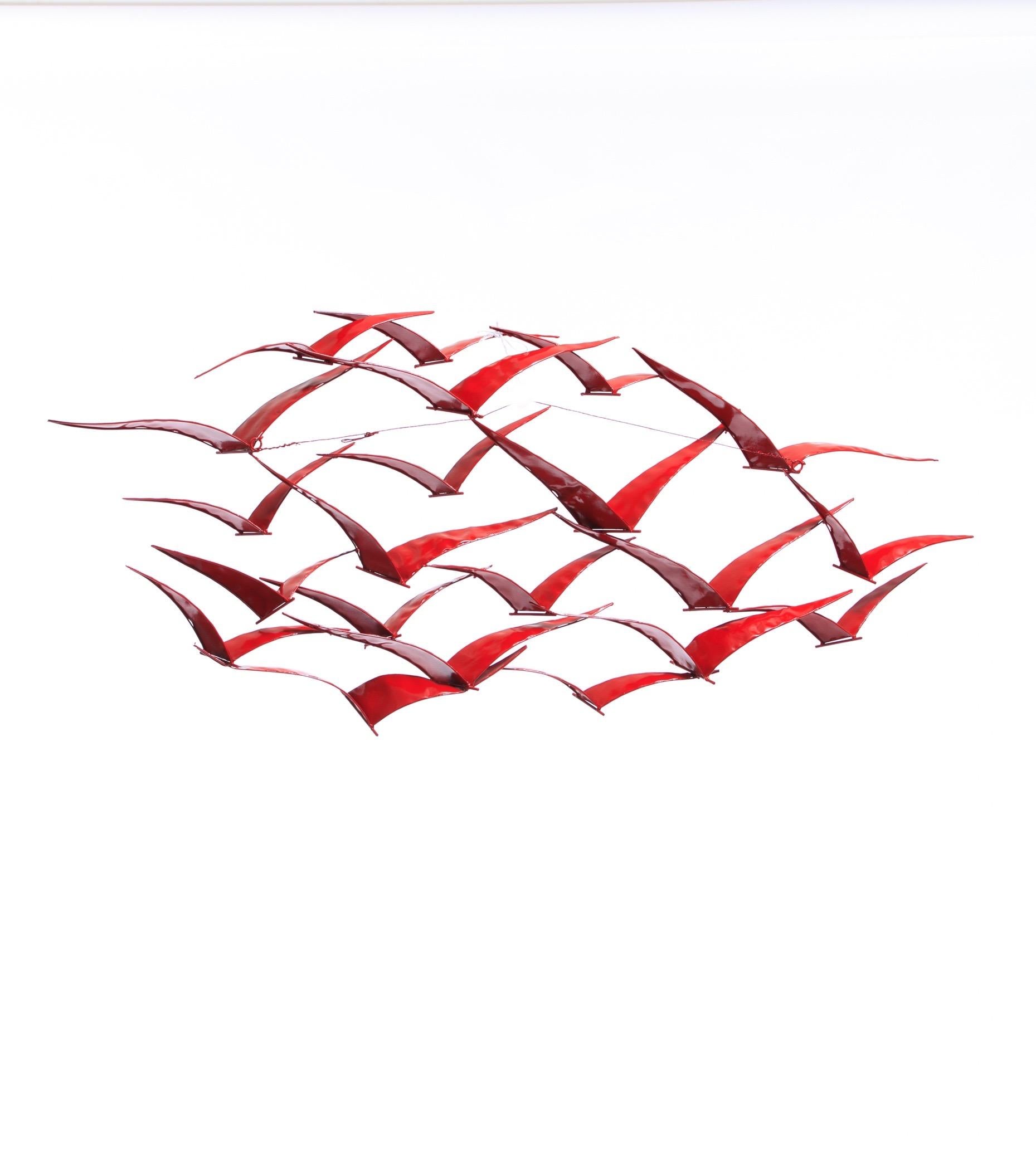 Curtis Jere Style Flock of Birds Wall Sculpture Lacquered in Red In Good Condition In Saint Louis, MO