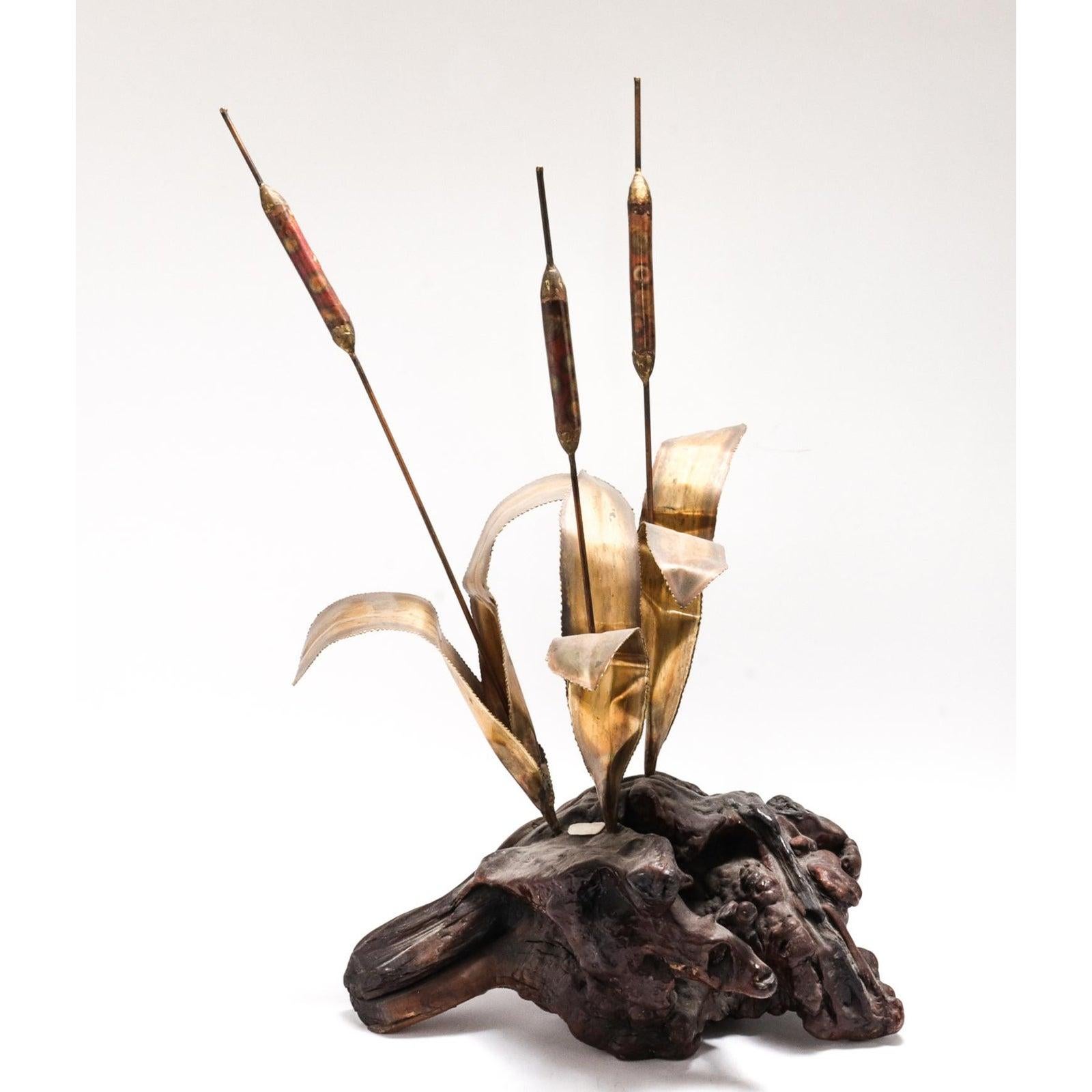 Curtis Jere Style Modern Brass Cattail Sculpture on Wood Base In Good Condition In Astoria, NY