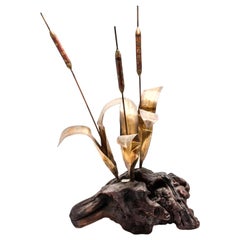 Curtis Jere Style Modern Brass Cattail Sculpture on Wood Base