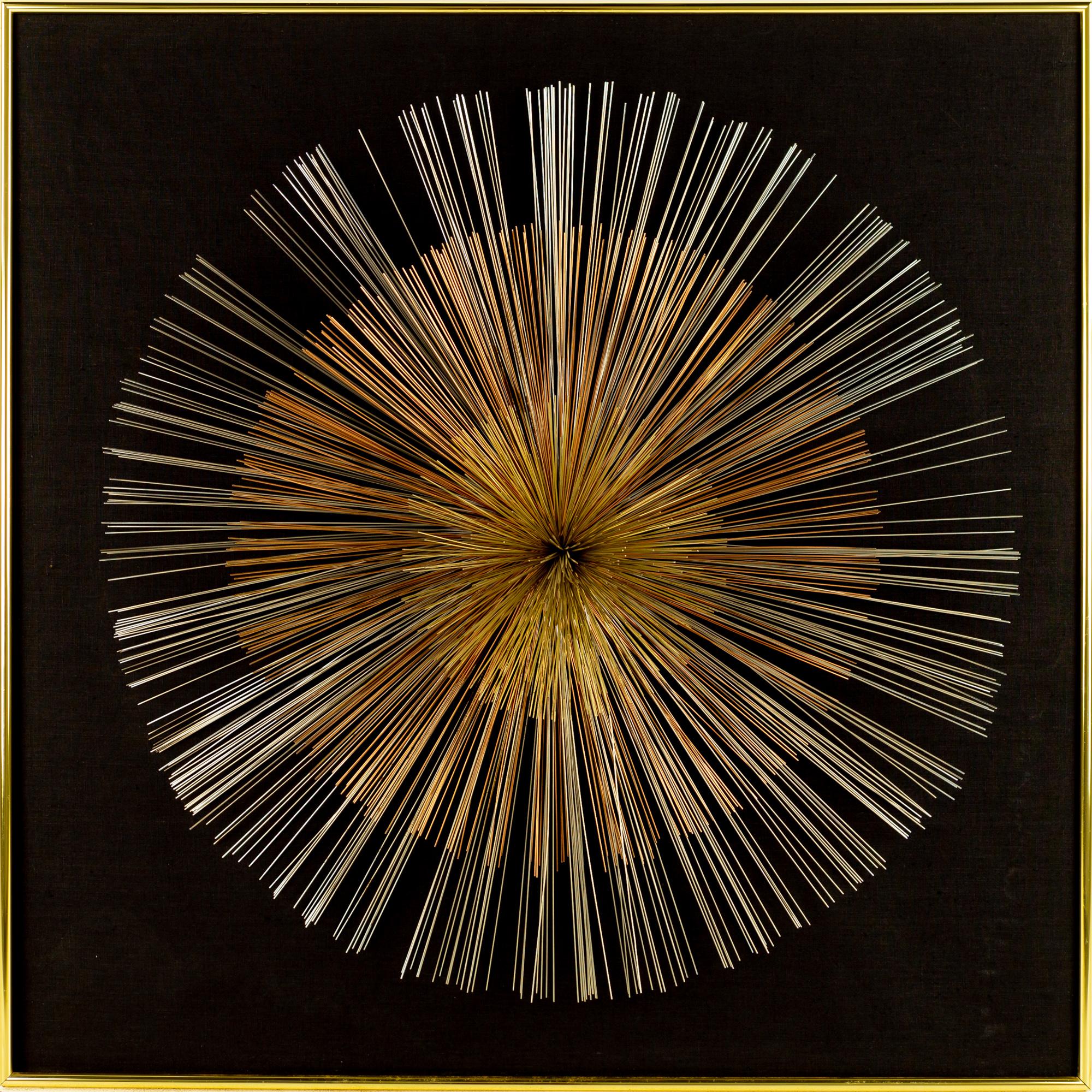 Curtis Jere sunburst pom mixed metal wire mid century wall sculpture

This piece measures: 49 wide x 13.25 deep x 48.75 inches high

This sculpture is in great vintage condition.

Each piece is carefully cleaned and packaged before being
