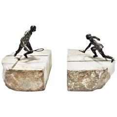 Curtis Jeré, Tennis Match, Bronze and Onyx Bookends, USA, circa 1976