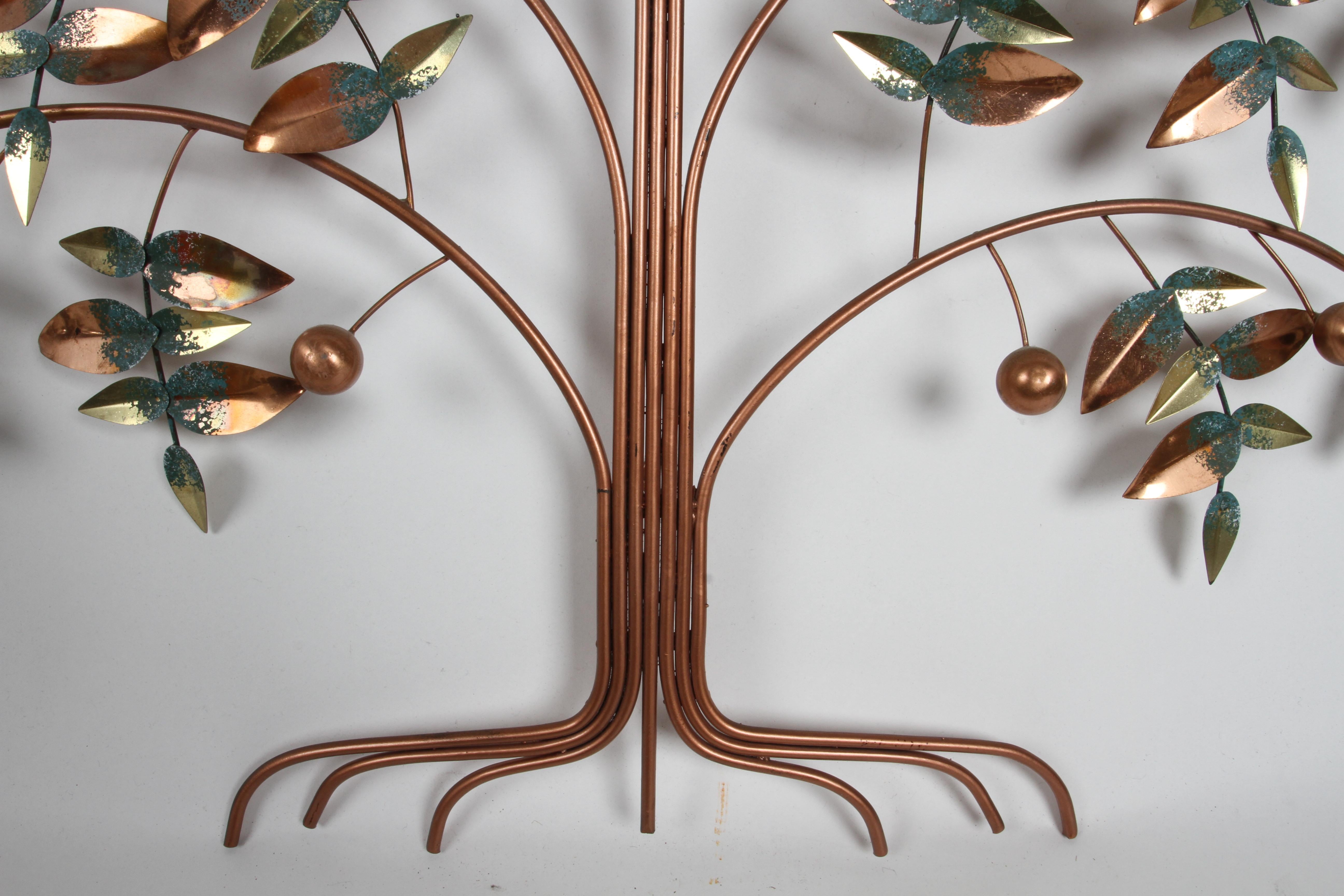 Metal Curtis Jeré Tree of Life in Copper with Green Paint Wall Sculpture - circa 1977