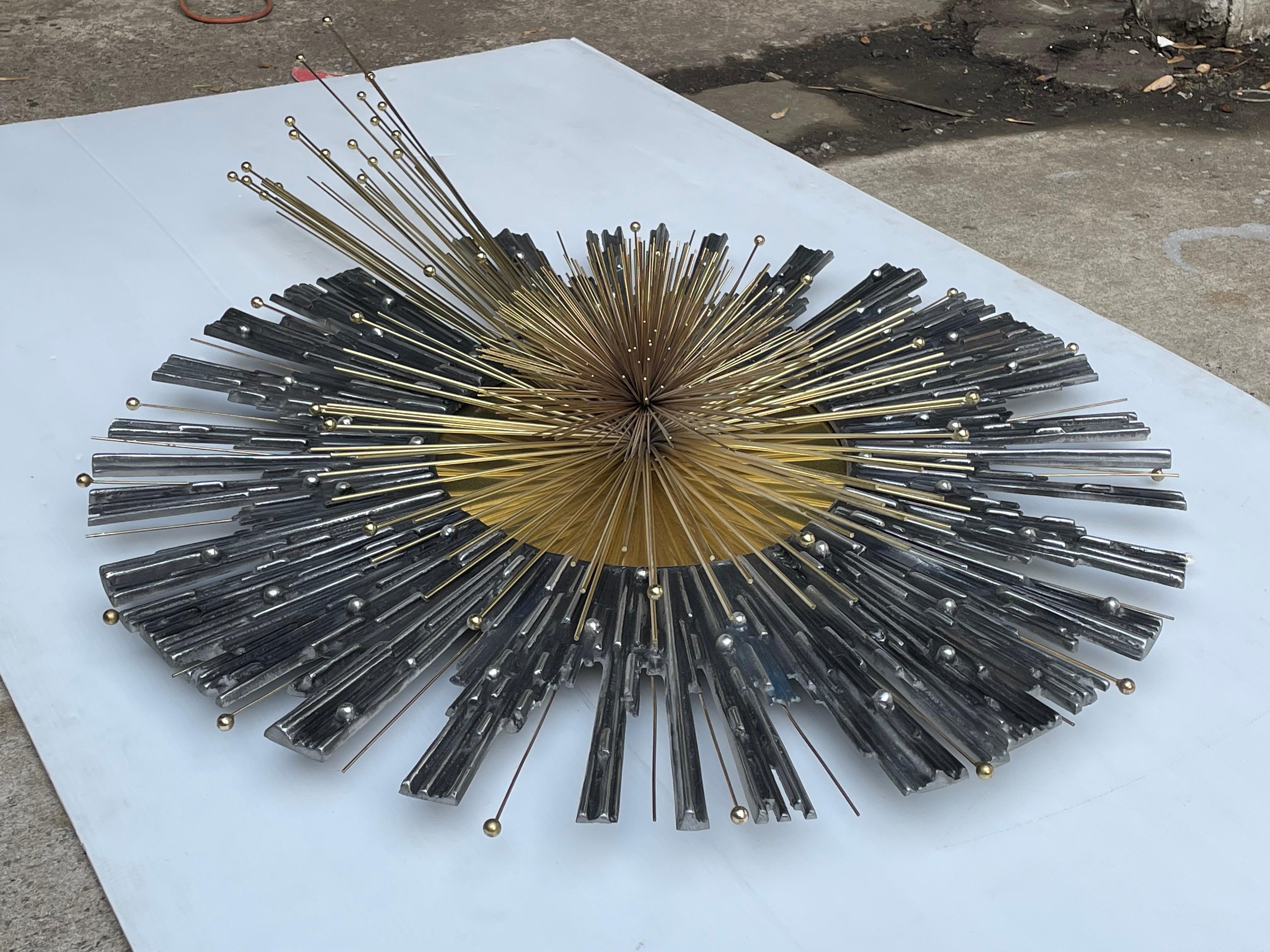 Post-Modern Curtis Jere Unique Starburst Urchin Style Brass Wall Sculpture 5ft For Sale