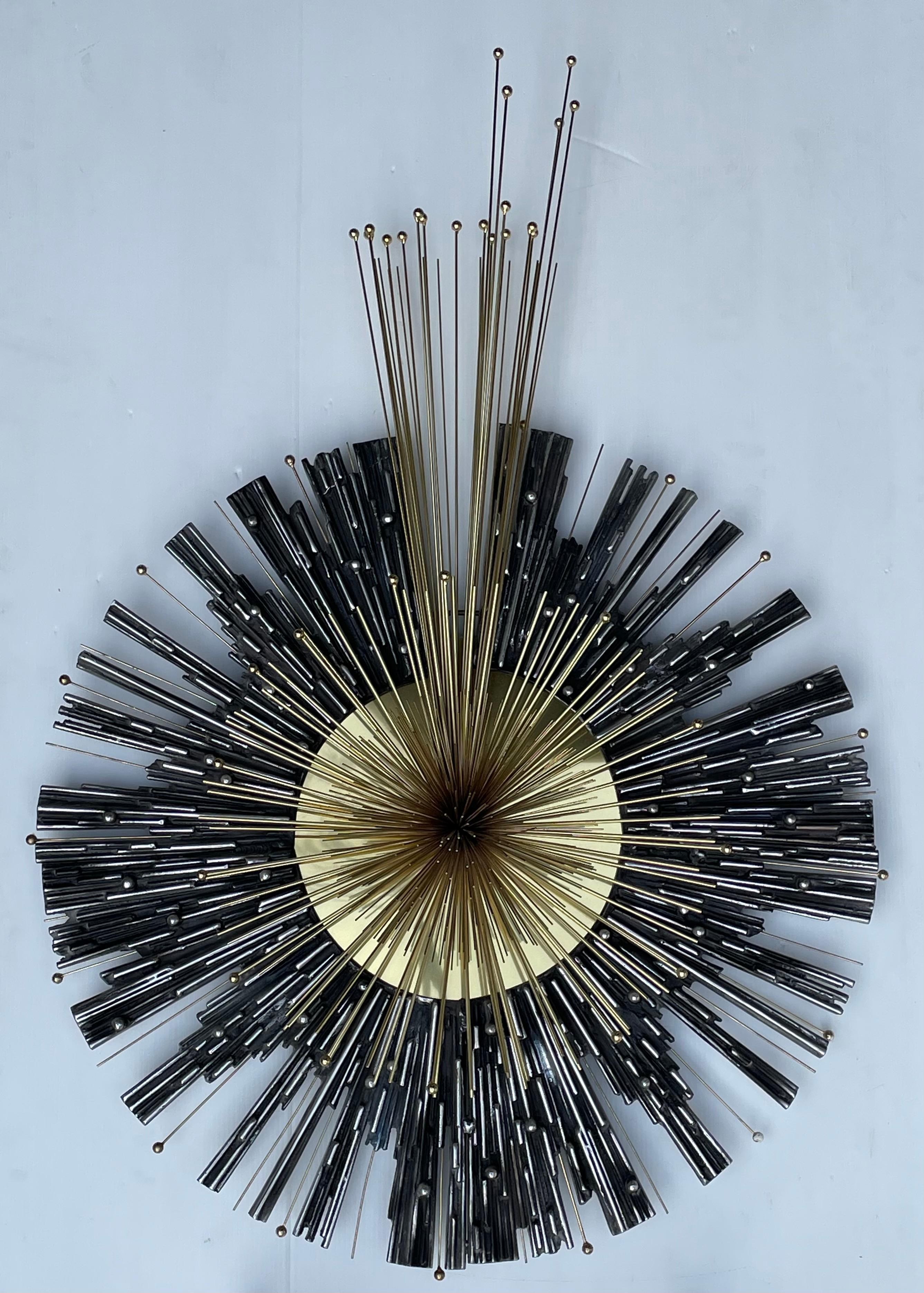 Curtis Jere Unique Starburst Urchin Style Brass Wall Sculpture 5ft In Good Condition For Sale In Bensalem, PA