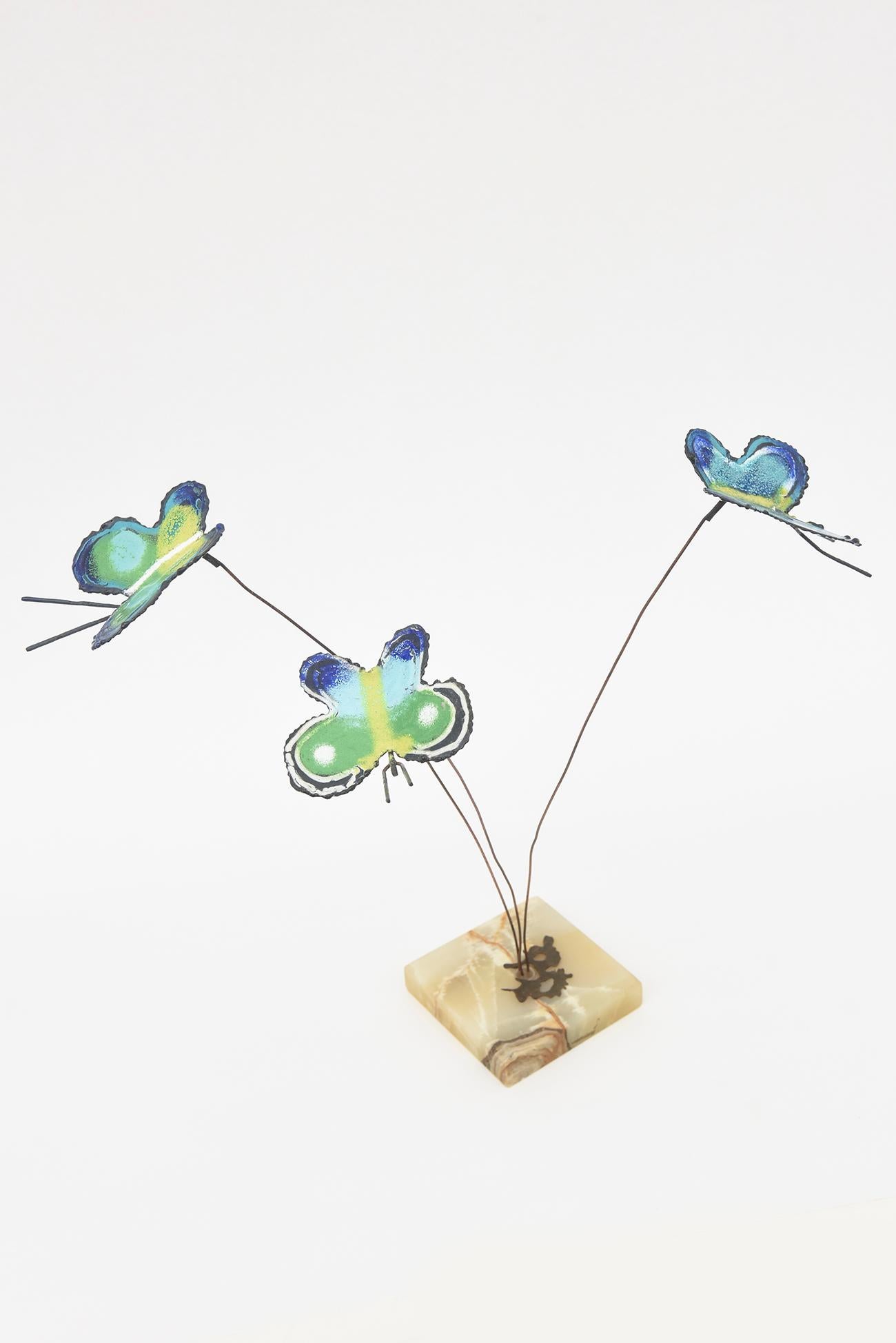 Curtis Jere Enameled Butterfly, Wire and Marble Sculpture Blue, Green Vintage For Sale 4