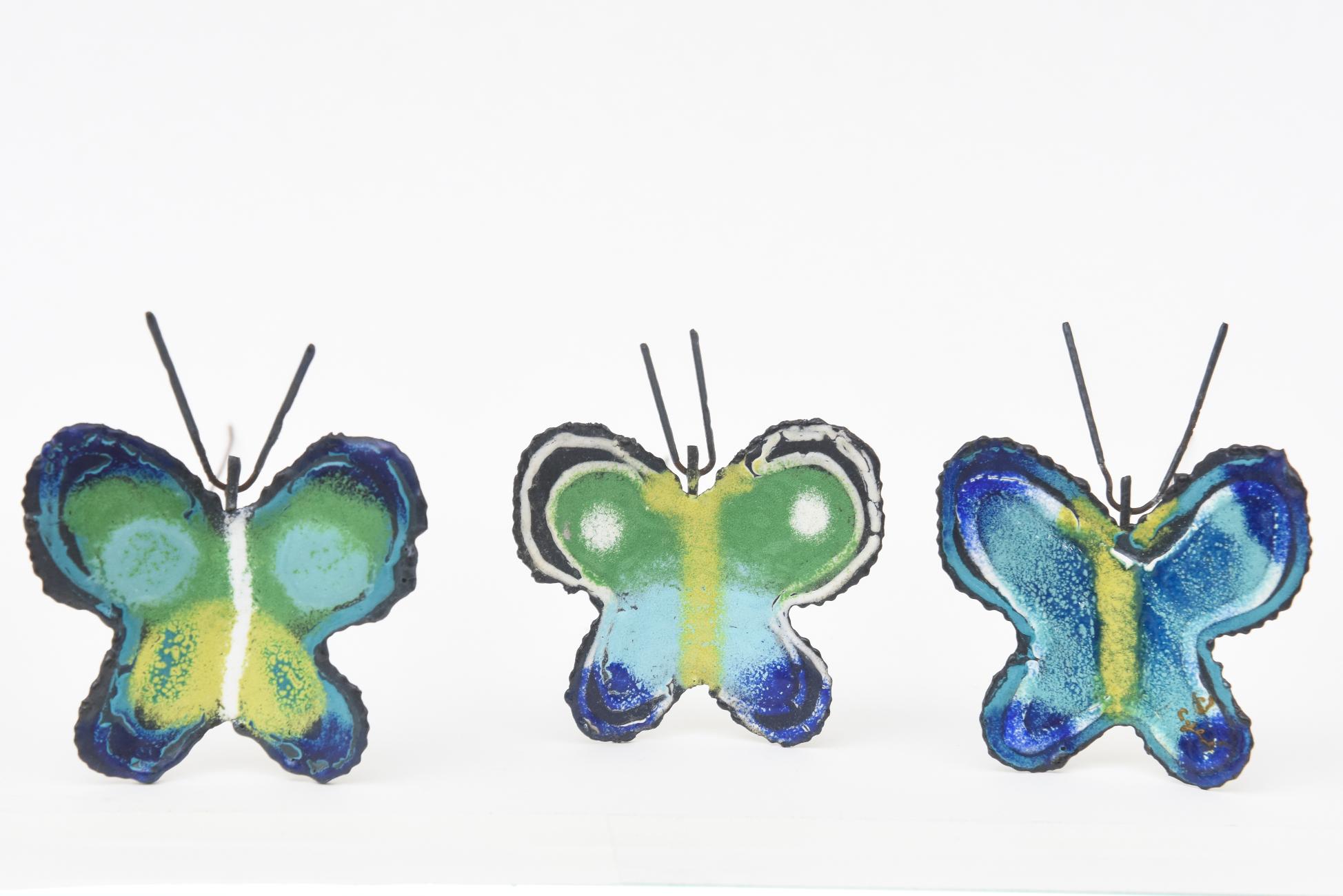 Modern Curtis Jere Enameled Butterfly, Wire and Marble Sculpture Blue, Green Vintage For Sale