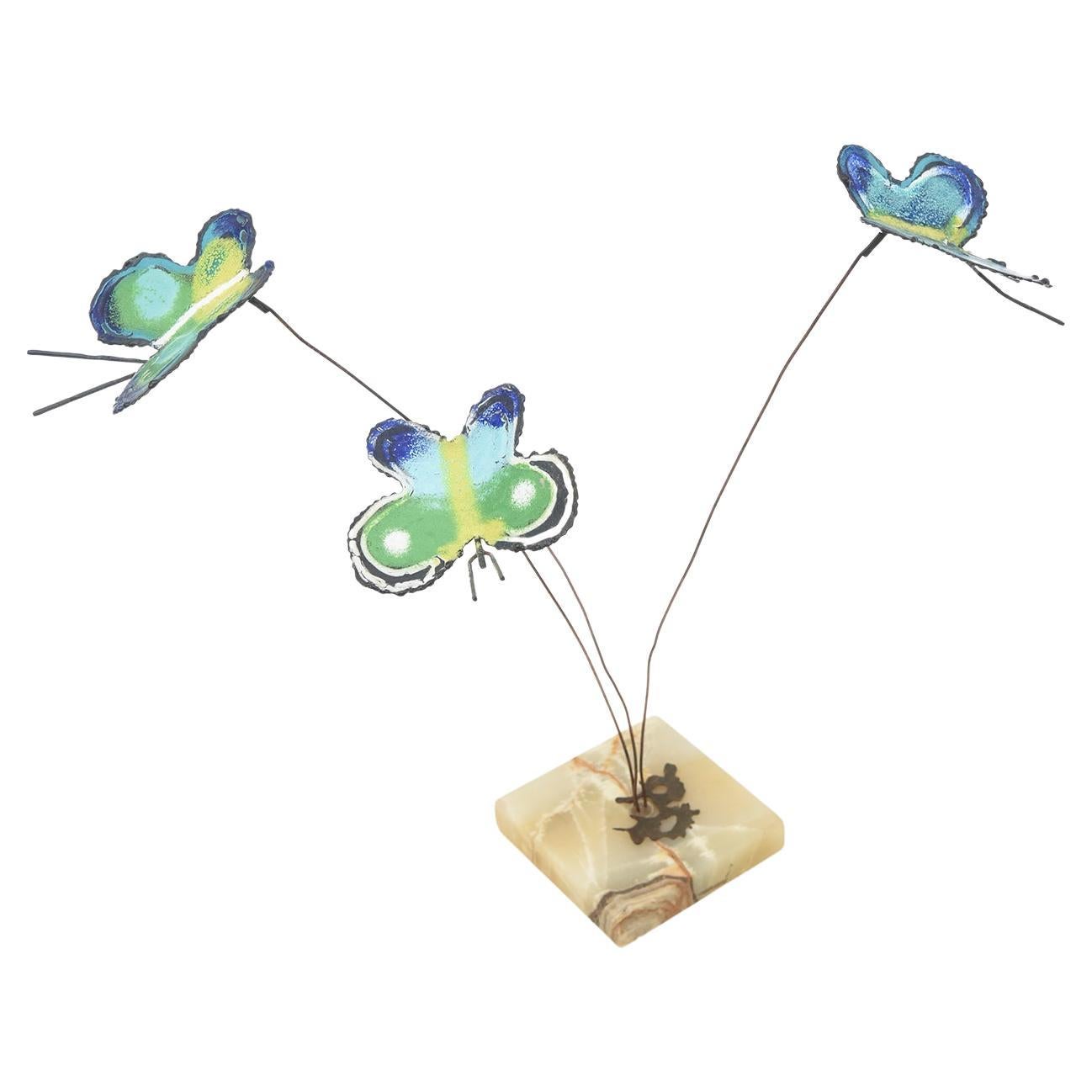 Curtis Jere Enameled Butterfly, Wire and Marble Sculpture Blue, Green Vintage For Sale