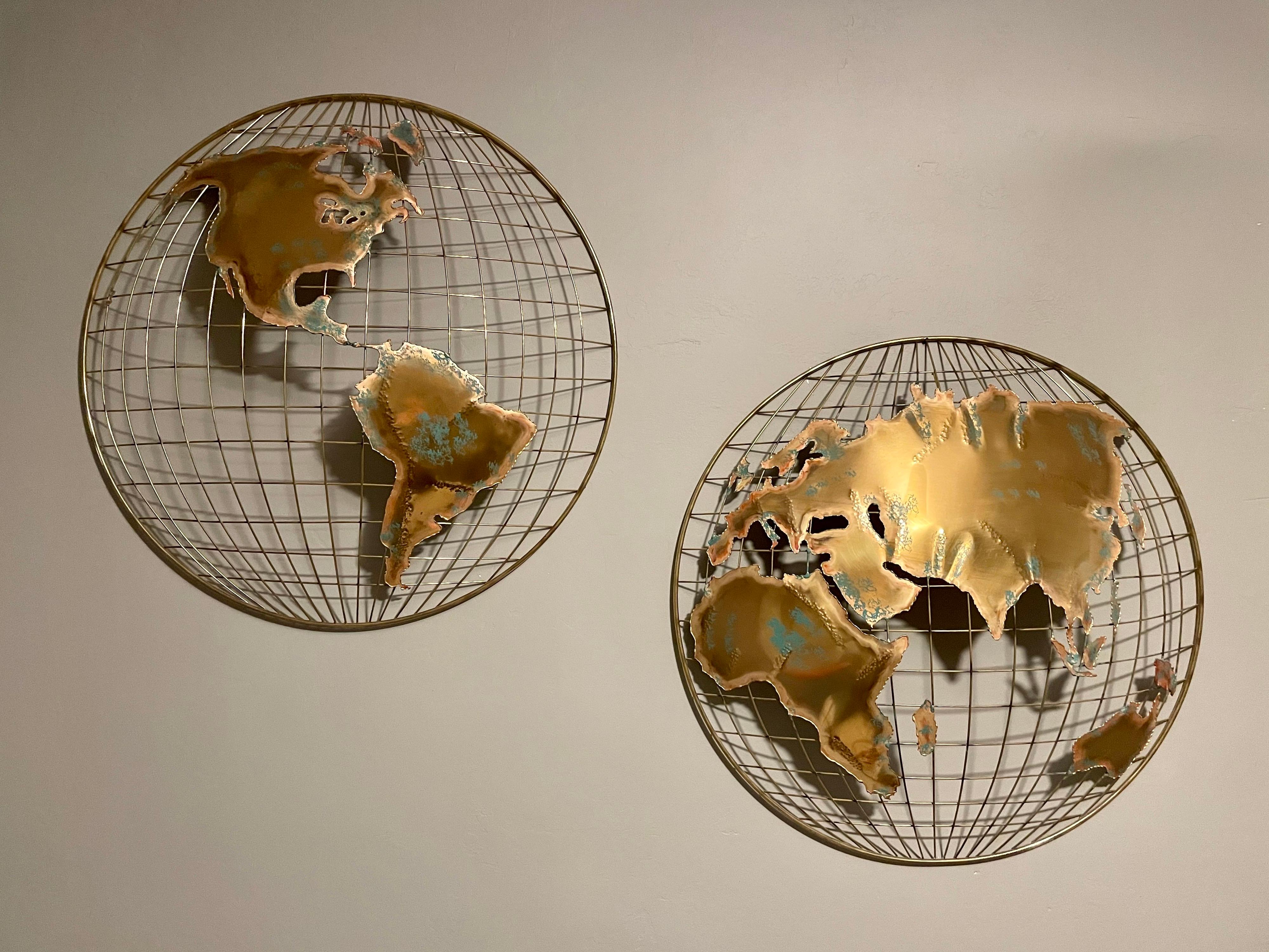 Mid-Century Modern Curtis Jere World Map / Globe Wall Sculpture 'Two Piece' For Sale