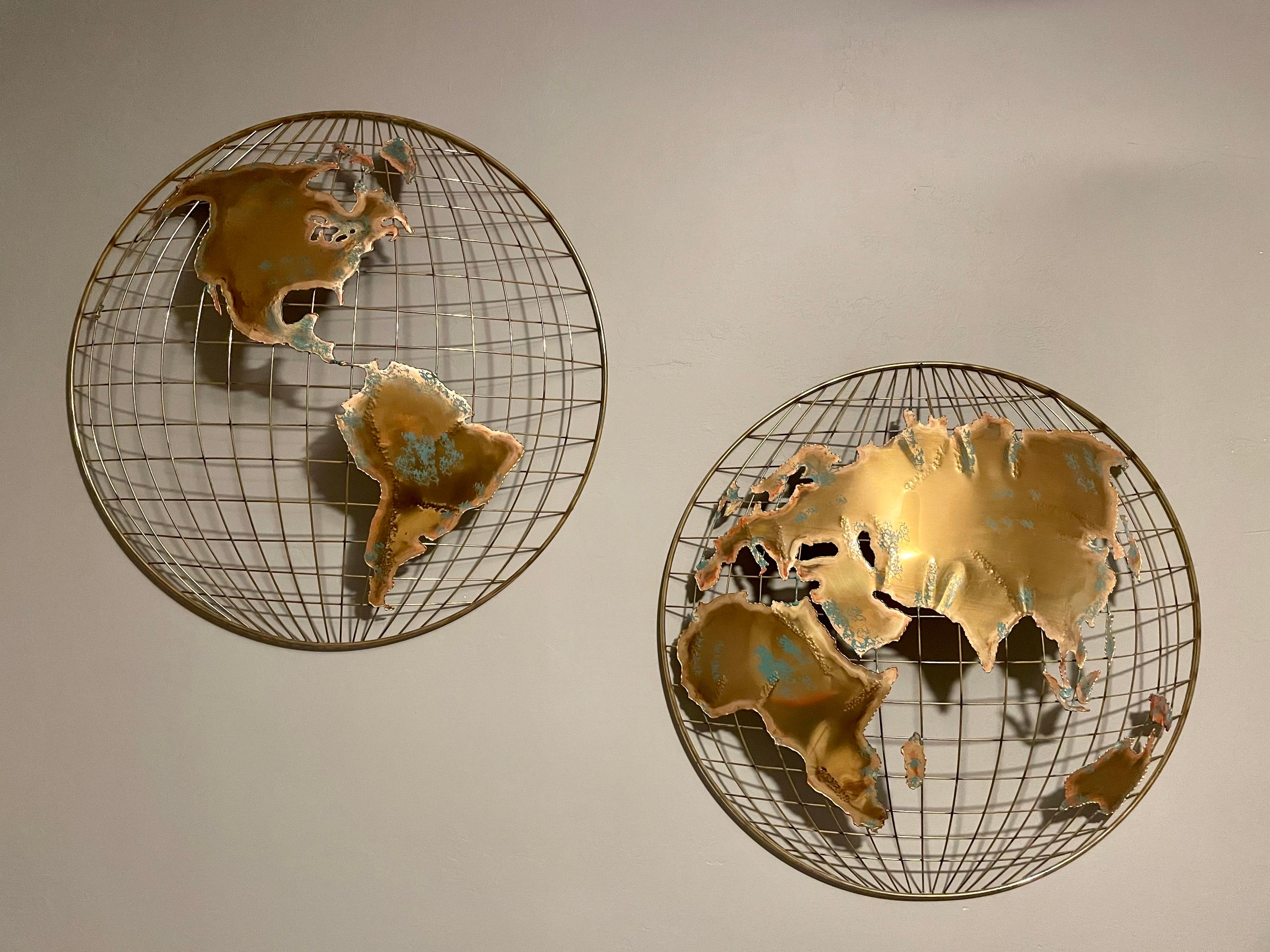 Curtis Jere World Map / Globe Wall Sculpture 'Two Piece' In Good Condition For Sale In East Hampton, NY