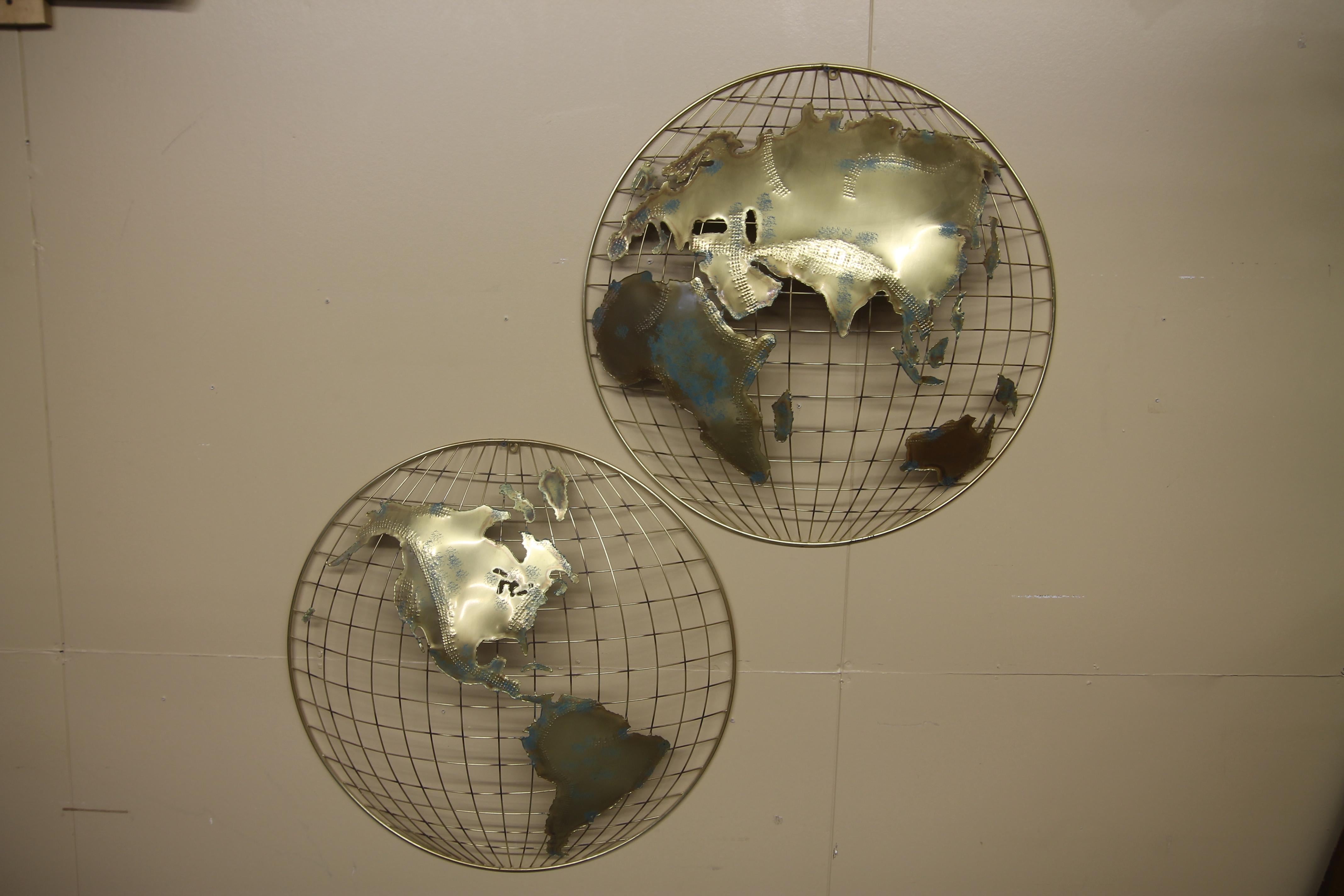 Great Curtis Jere designed brass two piece world map wall sculpture. This two piece set is in great vintage condition.
