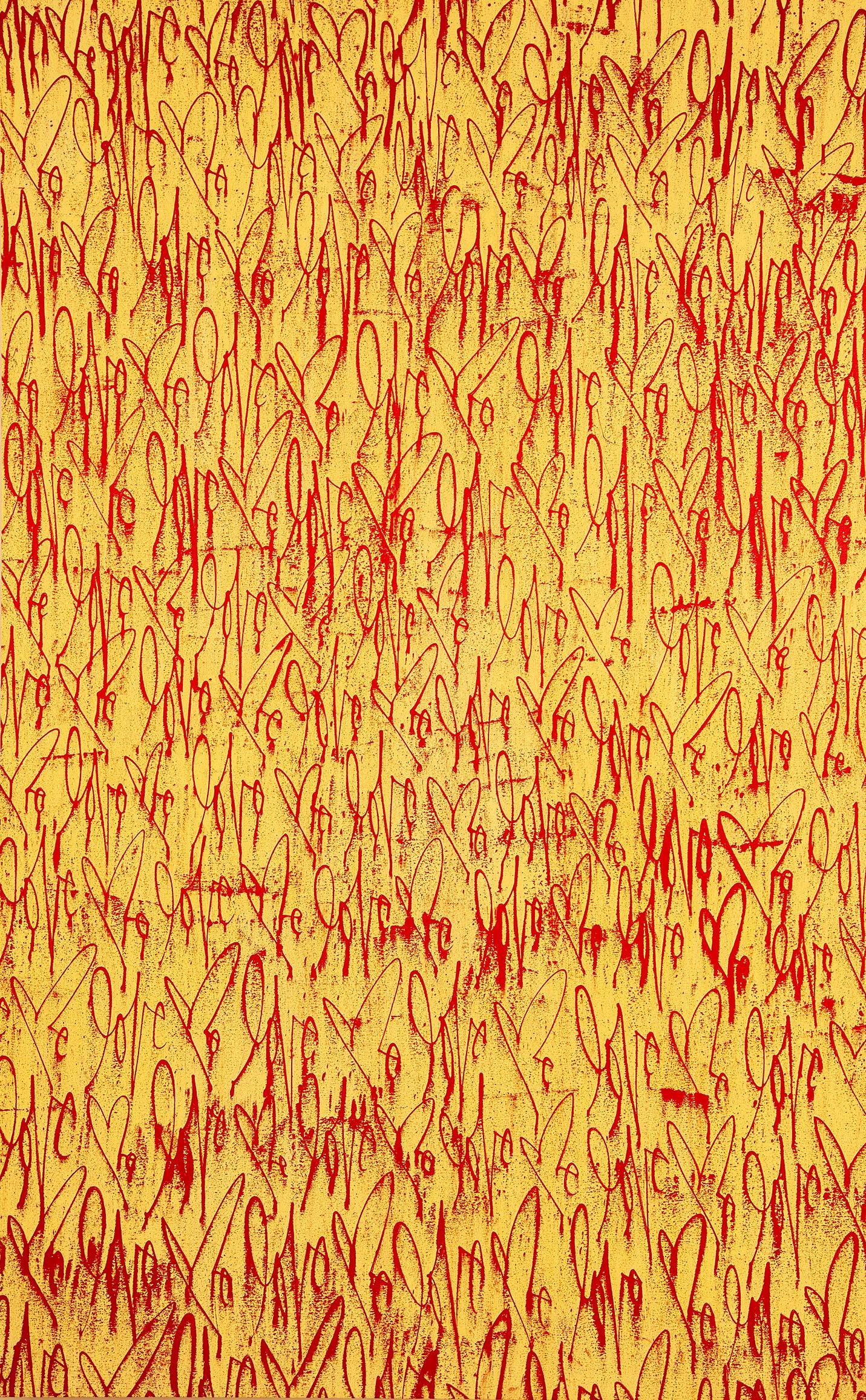 Curtis Kulig, Love Me on Canvas (Gelb & Rot), 2011:
Dieses einzigartige Gemälde "Love Me" ist nicht zu übersehen. Ein expressionistischer gelber Hintergrund, kombiniert mit Kuligs ikonischem rotem Anhänger, bringt diese große Geste des Künstlers in