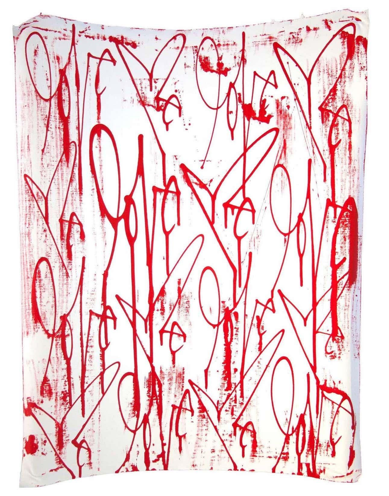 Love Me Öl auf Leinen Leinwand (rot-weiße Gemälde)  (Weiß), Abstract Painting, von Curtis Kulig