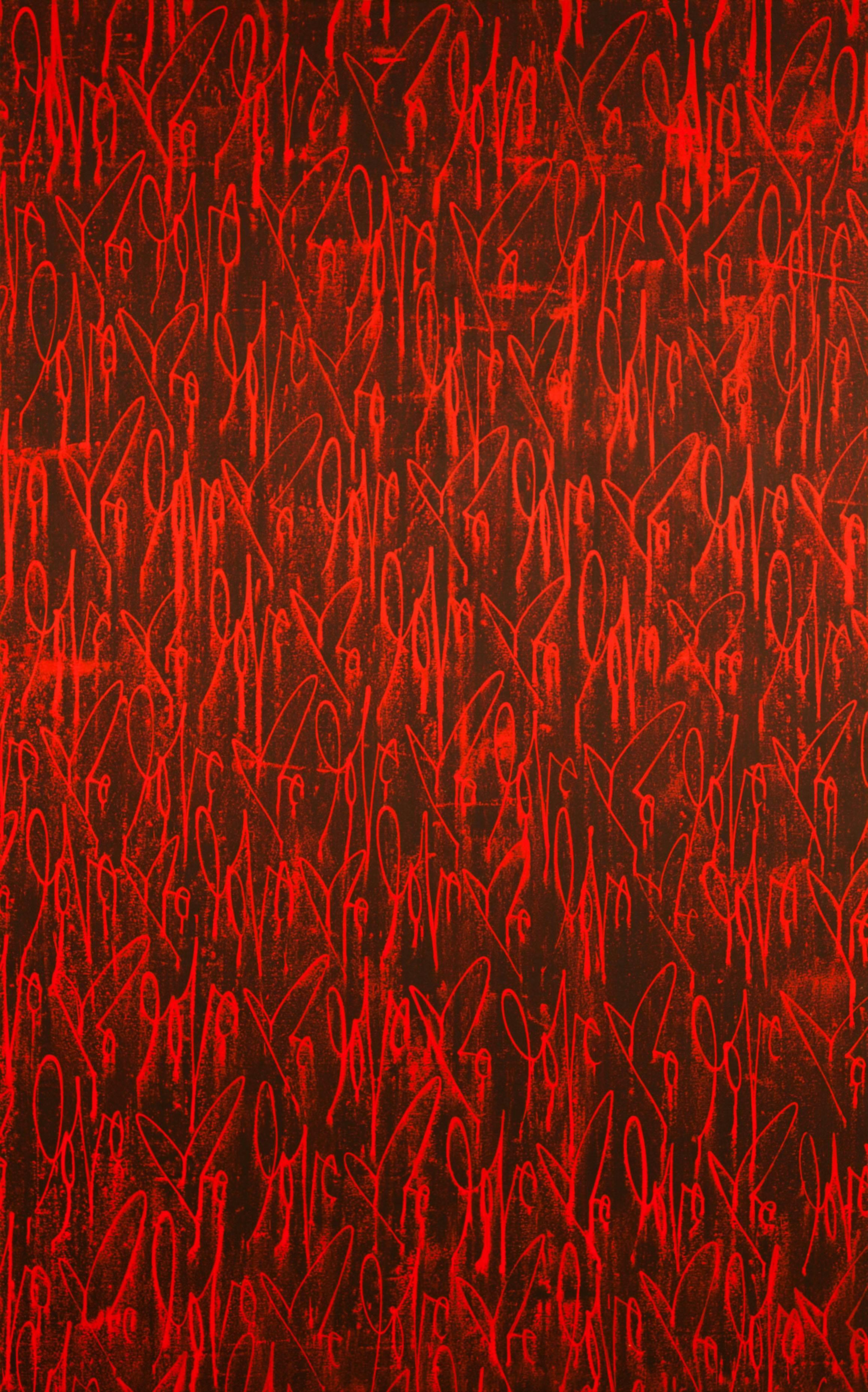 Curtis Kulig:: Love Me on Canvas (Rot auf Schwarz):: 2011
Dieses einzigartige „Love Me“-Gemälde ist nicht zu übersehen. Ein expressionistischer schwarzer Hintergrund:: kombiniert mit Kuligs ikonischem roten Etikett:: verkörpert diese große Geste des
