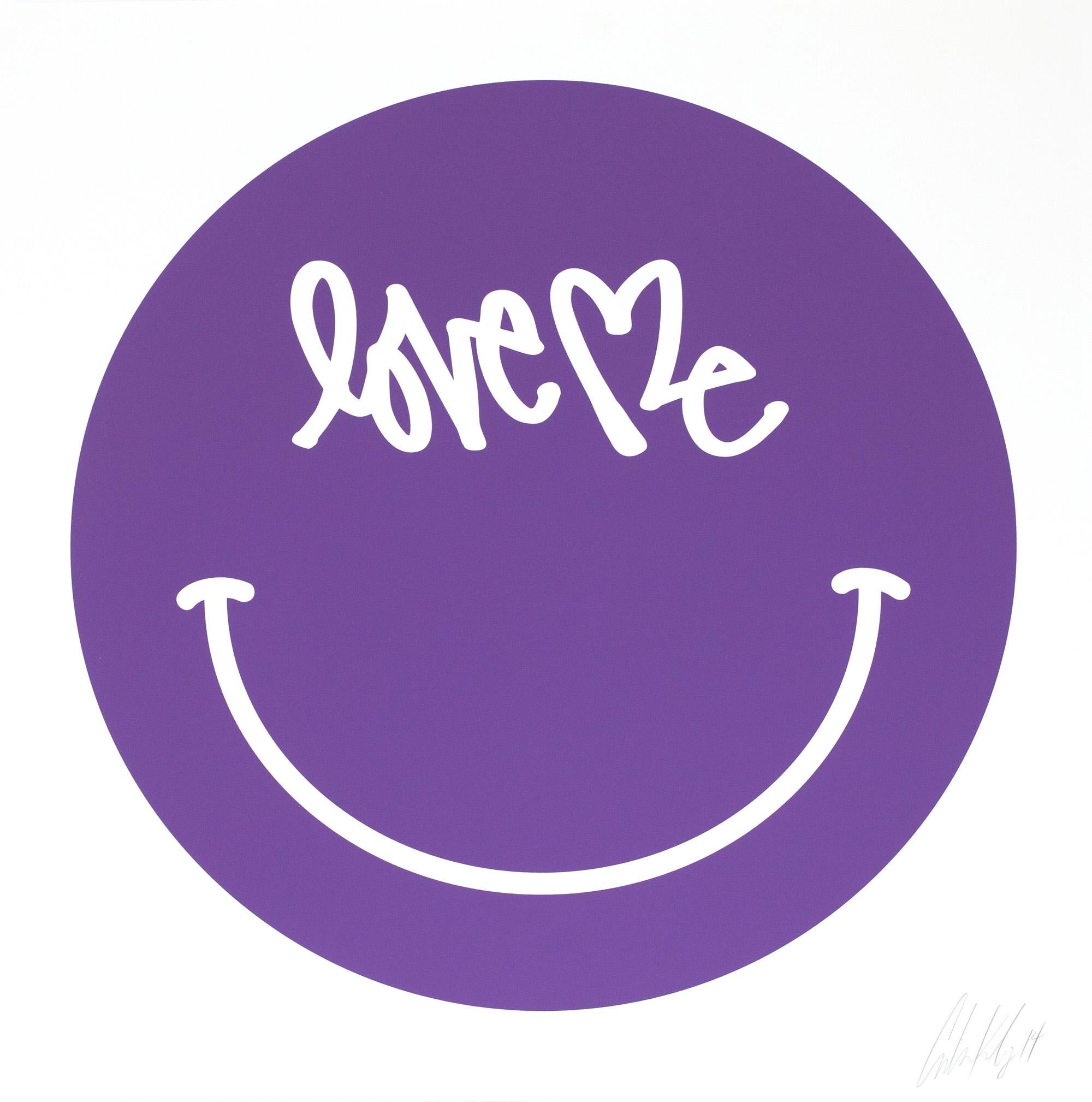 "Love Me," Purple Smiley Face screen print by New York based artist Curtis Kulig:
Using a most universal symbol, 'The Smiley', Curtis Kulig replaces the eyes with his world renown "Love Me" signature. At 28 inches square, this hand signed