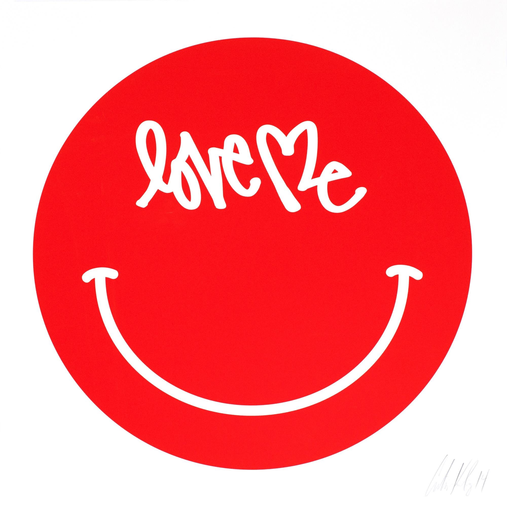 "Love Me," Red Smiley Face screen print by New York based artist Curtis Kulig
Using a most universal symbol, 'The Smiley', Curtis Kulig replaces the eyes with his world renown "Love Me" signature. At 28 inches square, this hand signed screen-print