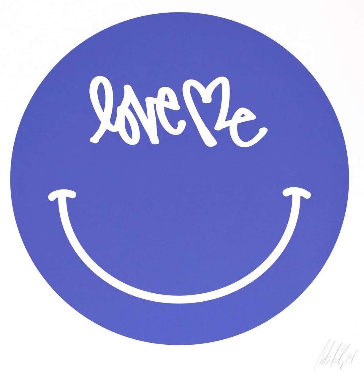 Love Me by Curtis Kulig:
Using a most universal symbol, 'The Smiley', Curtis Kulig replaces the eyes with his world renown signature mark, 'Love Me'. At 28 inches square, this hand signed print from a limited edition of 30, is the perfect piece for