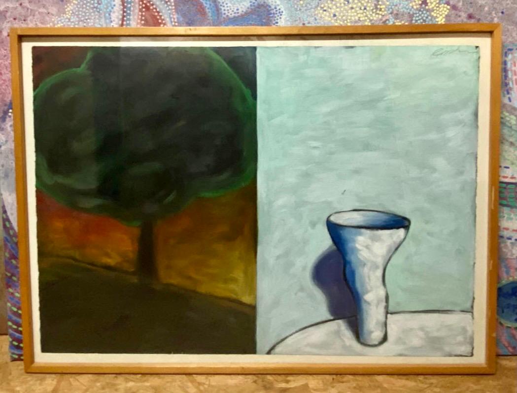 Gran óleo vintage Estudio para díptico Modernista abstracto Vasija y árbol - Painting Contemporáneo de Curtis Ripley