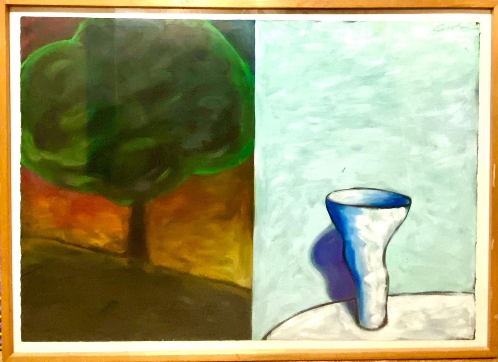 Großes abstraktes modernistisches Vintage-Gefäß und Baum, große Ölgemäldestudie für Diptychon, Vintage (Grün), Abstract Painting, von Curtis Ripley