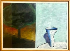 Retro Large Oil Painting Study for Diptych Abstract Modernist Vessel and Tree