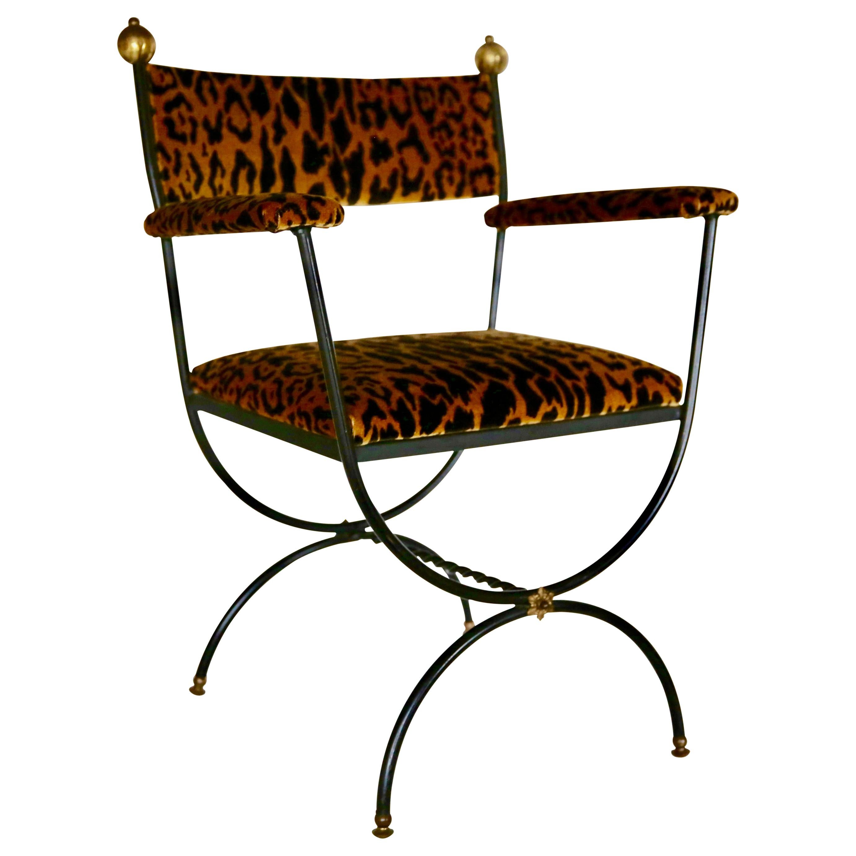 Curule Armchair in Leopardo Silk-Velvet For Sale