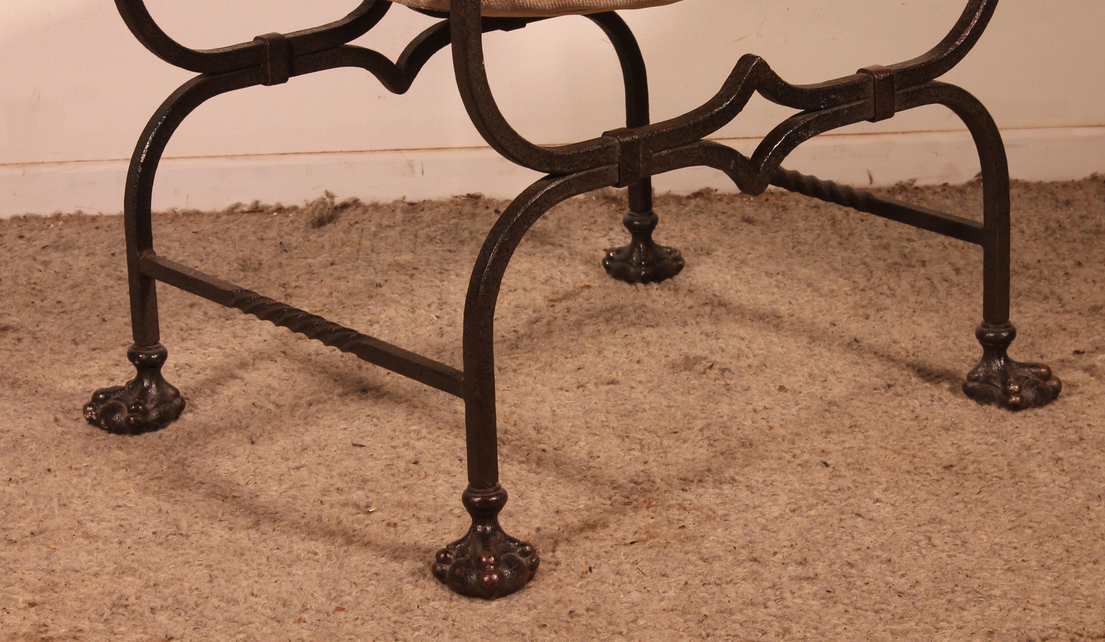 Italian Curule Armchair In Wrought Iron And Bronze