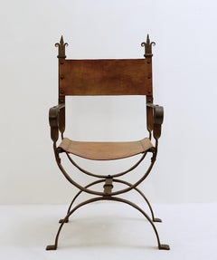 Curule Armchair in Wrought Iron and Leather