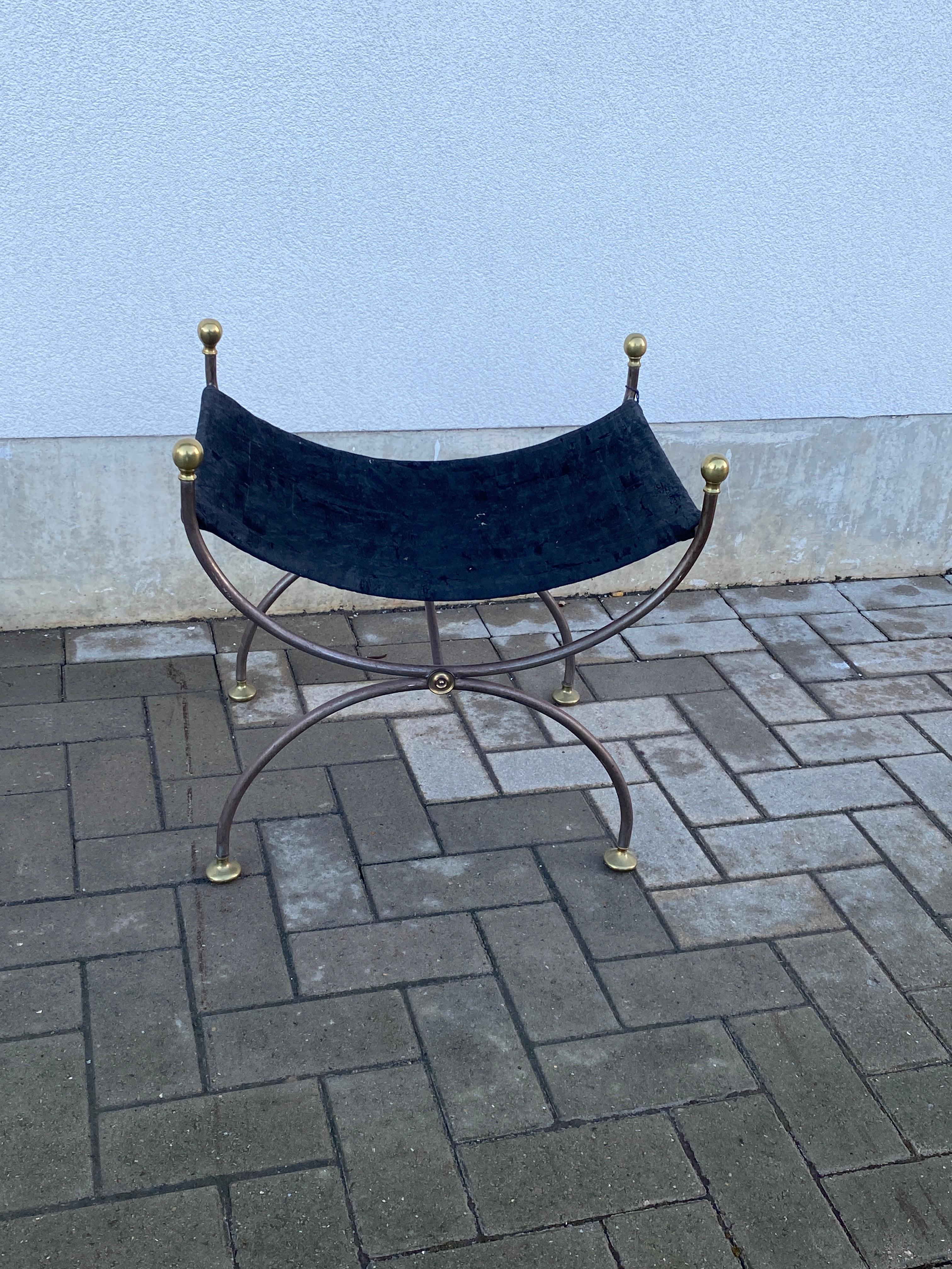 Metal curule metal and brass stool, in the style of Maison Jansen, circa 1950/1960 For Sale