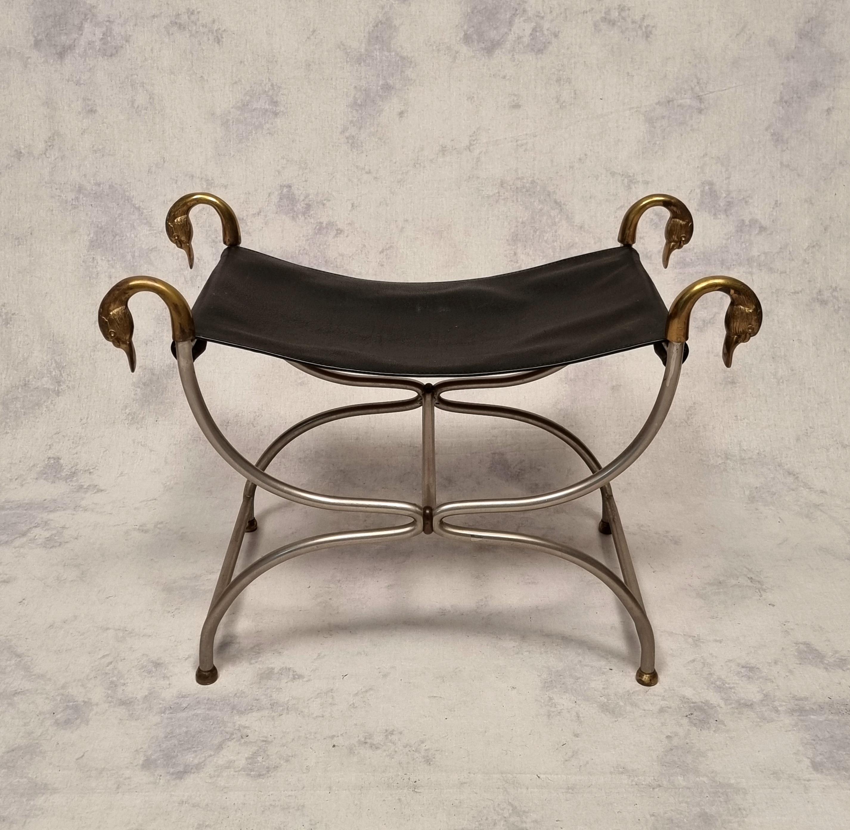 Neoclassical Curule Stool From Maison Jansen - Metal, Bronze & Leather - Ca 1950