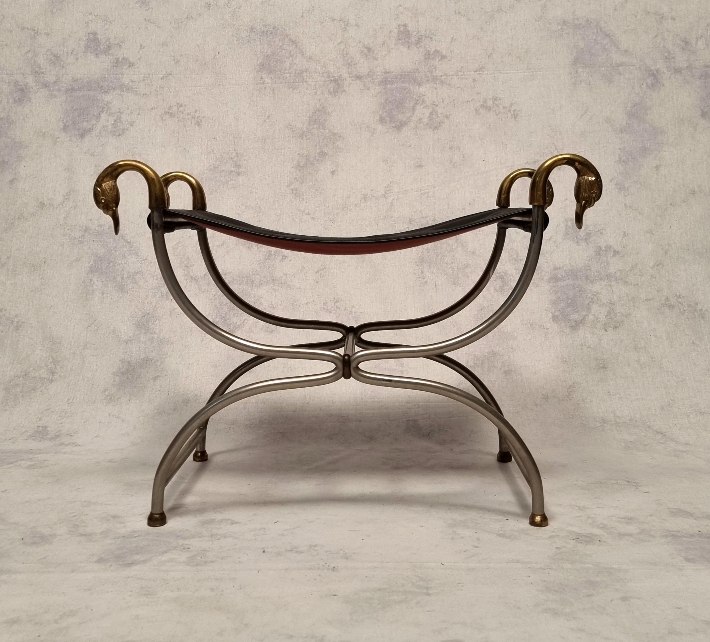 French Curule Stool From Maison Jansen - Metal, Bronze & Leather - Ca 1950