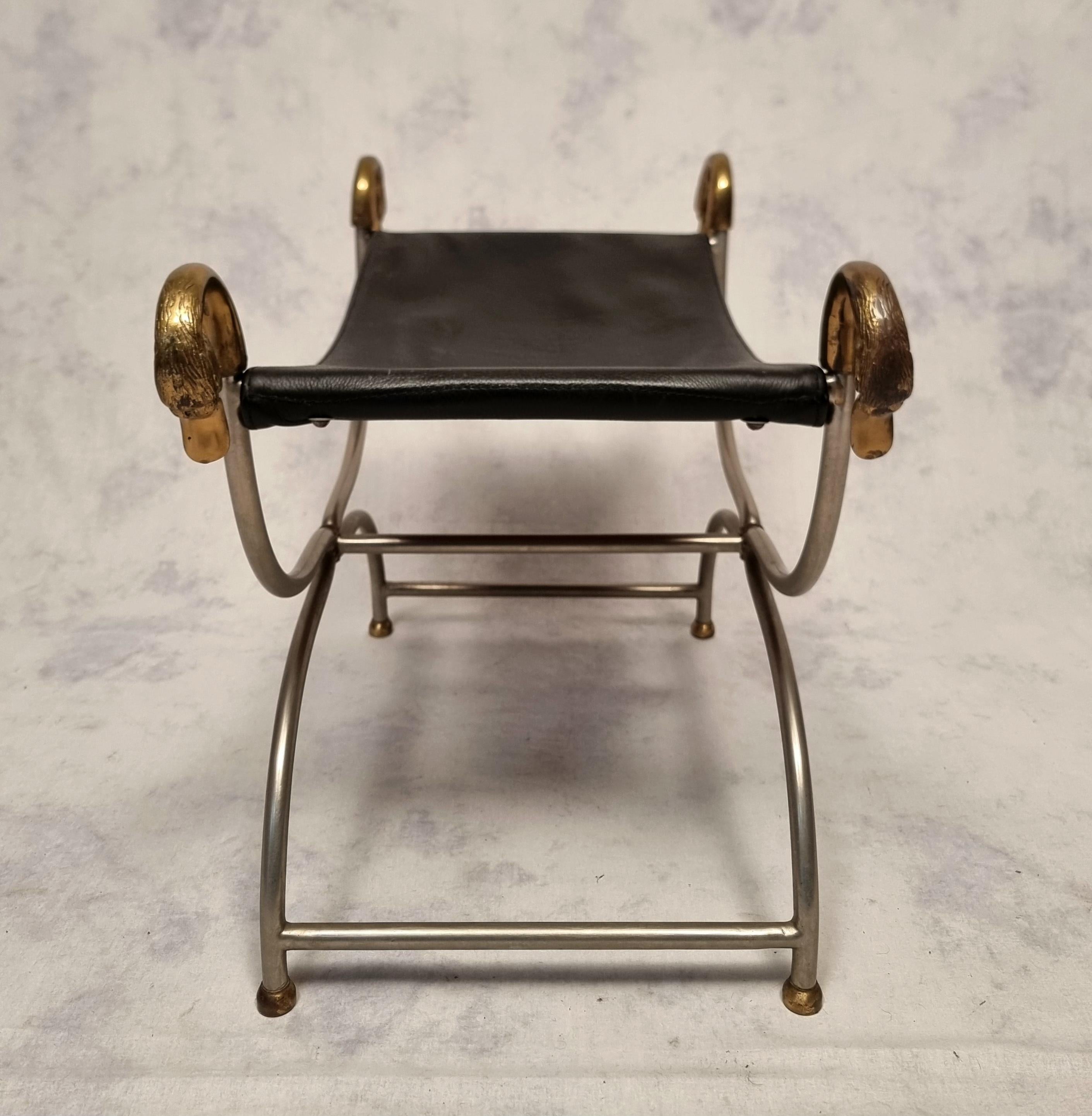 Curule Stool From Maison Jansen - Metal, Bronze & Leather - Ca 1950 In Good Condition In SAINT-OUEN-SUR-SEINE, FR