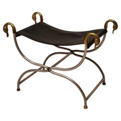 Antique Curule Stool From Maison Jansen - Metal, Bronze & Leather - Ca 1950