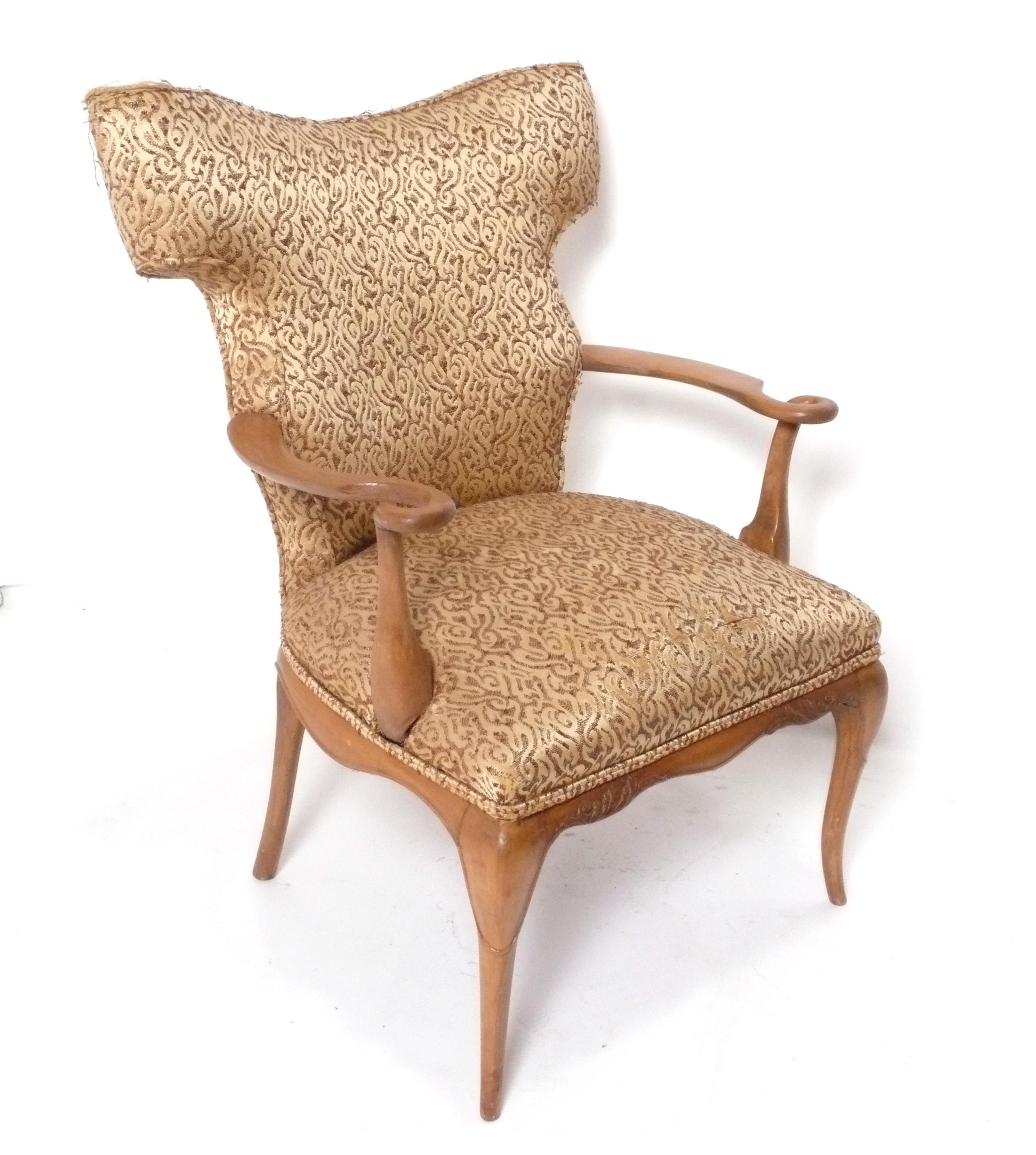 Curvaceous Lounge Chair, in the style of Frances Elkins, American, circa 1940s. This chair is currently being refinished and reupholstered and can be completed in your choice of finish color and reupholstered in your fabric. Simply send us 6 yards
