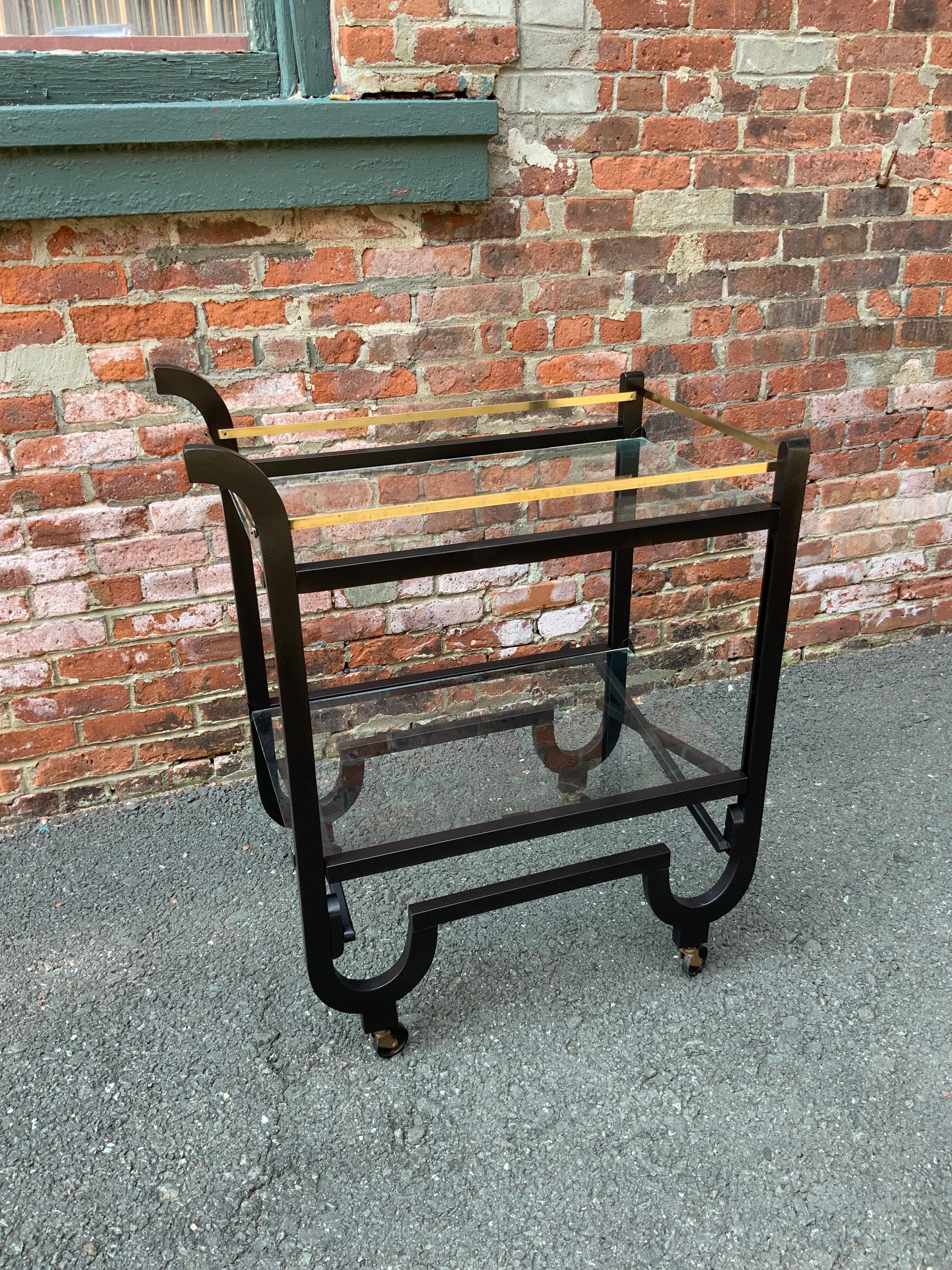 American Curvaceous Art Deco Brass and Glass Serving Cart