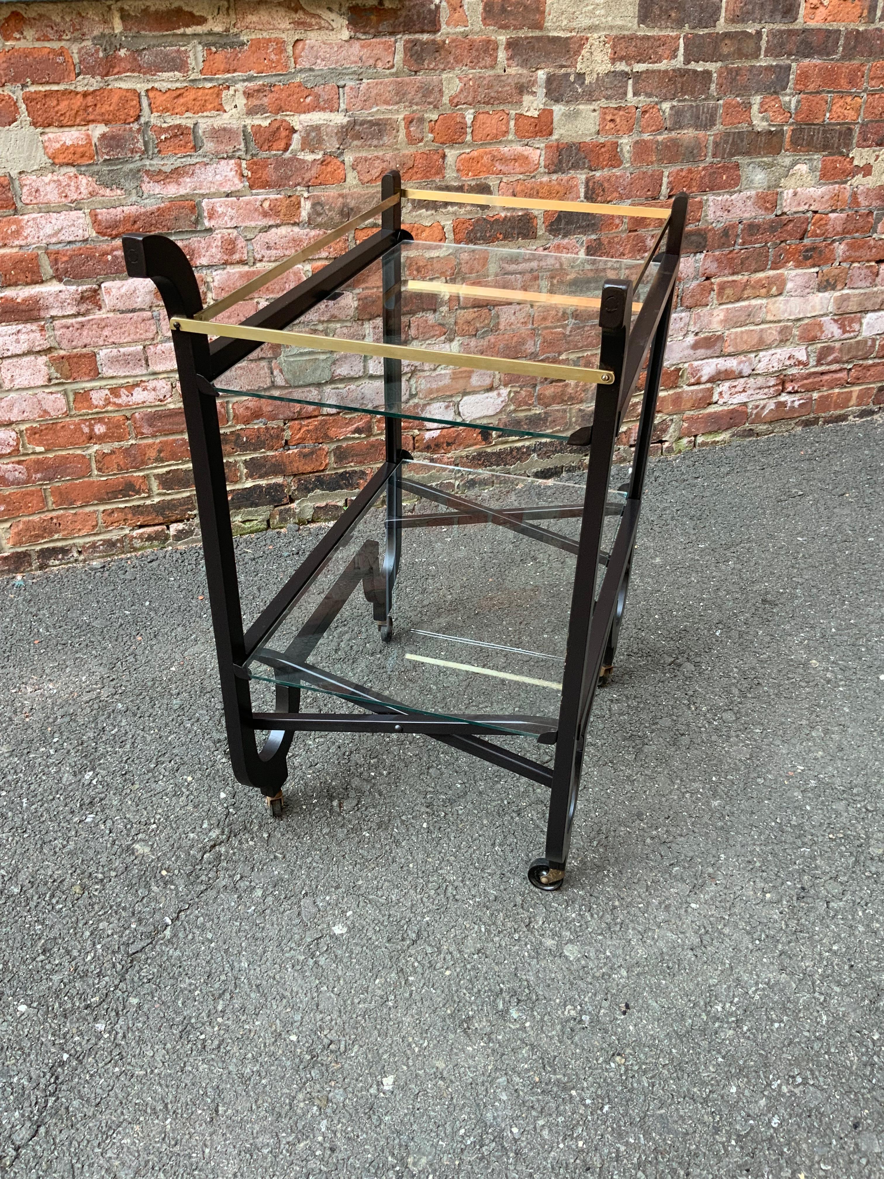 Painted Curvaceous Art Deco Brass and Glass Serving Cart