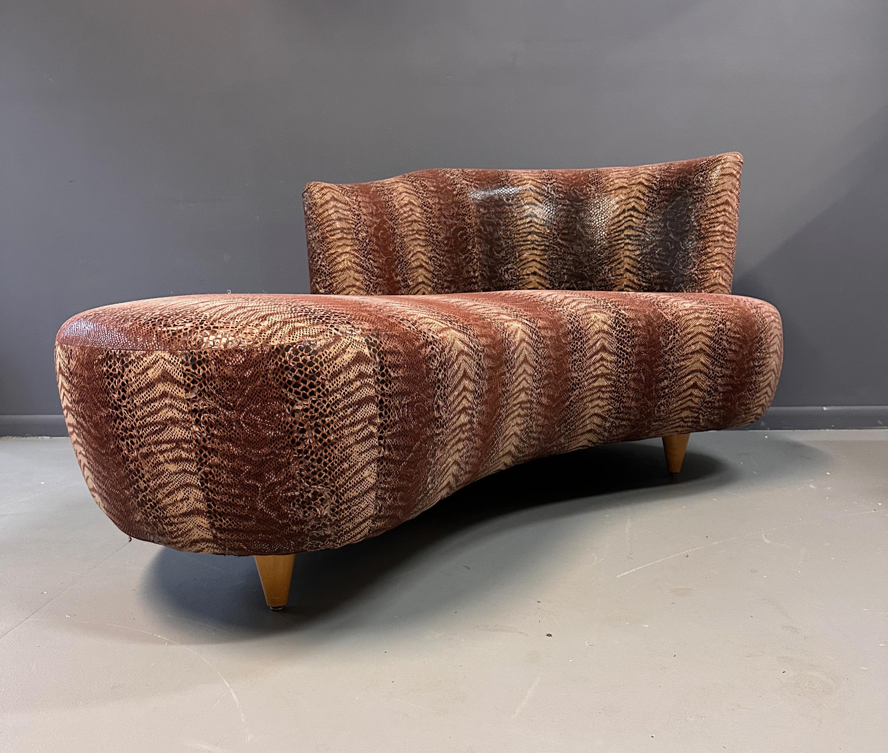  Curvaceous Chaise/ Sofa in the Style of Weiman in a Faux Snakeskin Midcentury In Good Condition For Sale In Philadelphia, PA