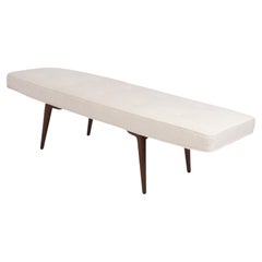 Curvaceous Mid Century Walnut Bench in New Ivory Color Boucle